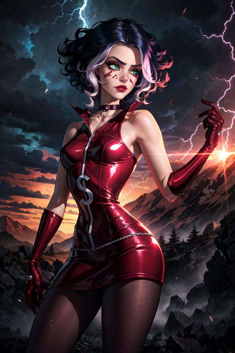 (Stormy), (blue hair), white hair strands, short curly hair, green eyes, (WitchOutfit), choker, red eye makeup, red lips, red dress, pink pantyhose, red boots, gloves, (lightning in the background, mountains, storming, storms), (realistic:1.2), (masterpiece:1.2), (full-body-shot:1),(Cowboy-shot:1.2), neon lighting, dark romantic lighting, (highly detailed:1.2),(detailed face:1.2), (gradients), colorful, detailed eyes, (detailed landscape:1.2), (natural lighting:1.2), close shot, solo, <lora:WinxClubStormy-10:0.9> <lora:add_detail:0.3> <lora:BeautifulEyes:0.6>