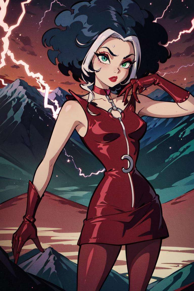 (Stormy), (blue hair), white hair strands, short curly hair, green eyes, (WitchOutfit), choker, red eye makeup, red lips, red dress, pink pantyhose, red boots, gloves, (lightning in the background, mountains, storming, storms), (realistic:1.2), (masterpiece:1.2), (full-body-shot:1),(Cowboy-shot:1.2), neon lighting, dark romantic lighting, (highly detailed:1.2),(detailed face:1.2), (gradients), colorful, detailed eyes, (detailed landscape:1.2), (natural lighting:1.2), close shot, solo, <lora:WinxClubStormy-10:0.9> <lora:add_detail:0.3> <lora:BeautifulEyes:0.6>