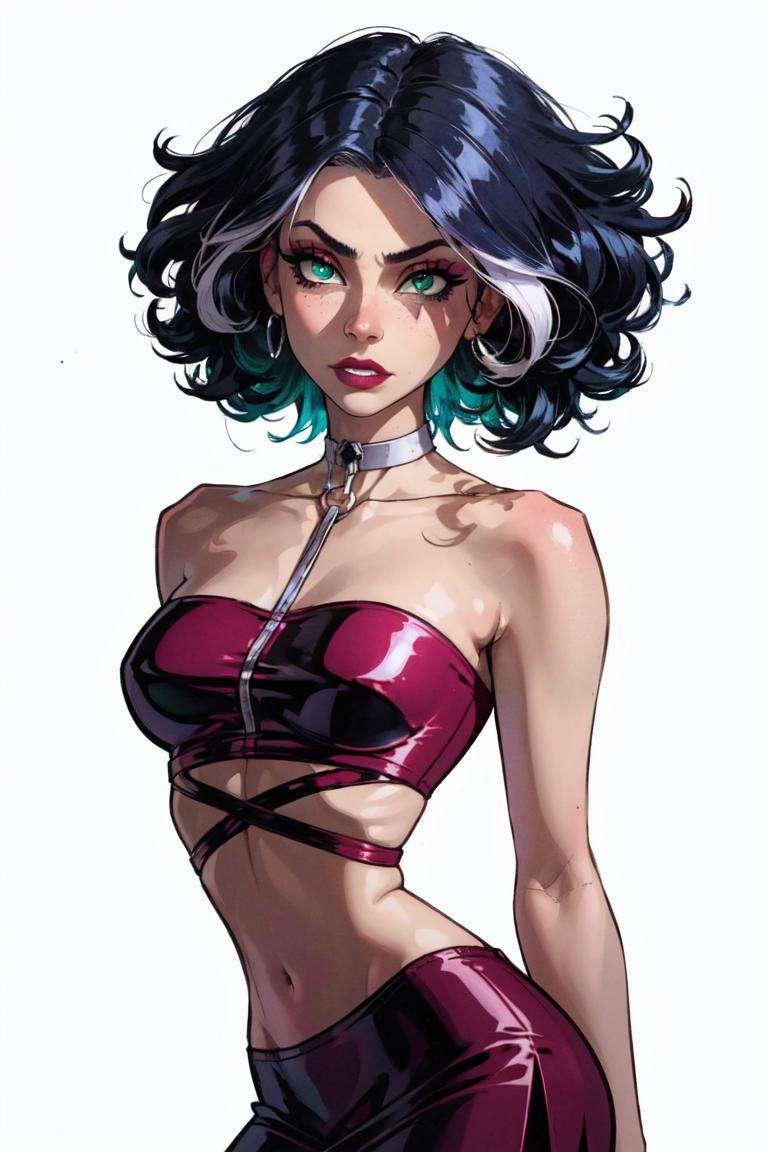 (Stormy), (blue hair), white hair strands, short curly hair, green eyes, (CasualOutfit), red croptop, (strapless, sleeveless), purple miniskirt, high heels, choker, simple makeup, (solid white background, white background:1.5), (realistic:1.2), (masterpiece:1.2), (full-body-shot:1),(Cowboy-shot:1.2), neon lighting, dark romantic lighting, (highly detailed:1.2),(detailed face:1.2), (gradients), colorful, detailed eyes, (detailed landscape:1.2), (natural lighting:1.2), close shot, solo, <lora:WinxClubStormy-10:0.9> <lora:add_detail:0.3> <lora:BeautifulEyes:0.6> 