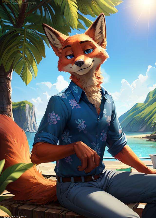 uploaded on e621, ((by Homogenousrule, by Wildering, by Foxovh, by Catcouch)),solo ((nick wilde)) with ((neck tuft)) and (fluffy tail) and ((clear navy blue eyes)),((half-length portrait)), ((wear blue hawaii floral shirt with grey pants)),BREAK((sitting at island with plant and water on sunny day, white boat)),(detailed background, depth of field, half body shadow, sunlight, ambient light on the body),(intricate:0.7), (high detail:1.2), (unreal engine:1.3), (sharp focus:1.15),[explicit content, questionable content], (masterpiece, best quality, 4k, 2k, shaded, absurd res)