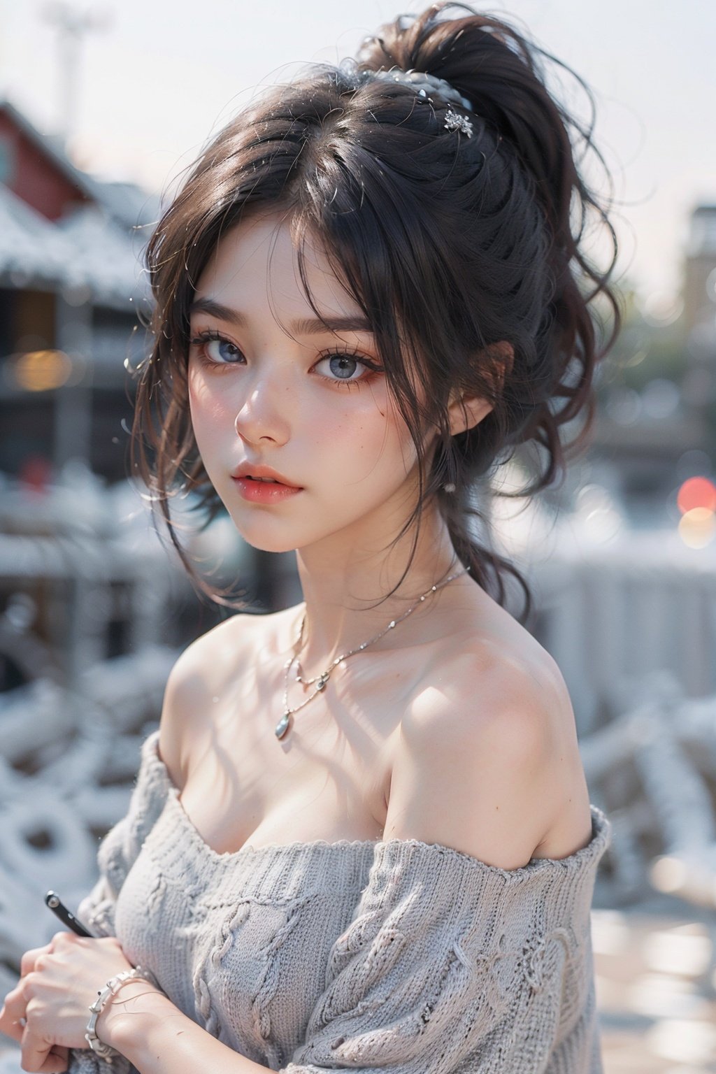 Realistic photos, masterpiece, highest quality, high resolution, fine details, HDR, 1 girl, high ponytail, silver-gray hair, delicate hairpin, delicate beautiful face, Tsundere expression,highly detailed glossy eyes, necklace,（Off-the-shoulder knit dress：1.2）,bracelet, bright snow-white skin, high detail skin, studio lighting, better light, bokeh, depth of field,Girl,Real, <lora:EMS-5643-EMS:0.5>, <lora:EMS-14413-EMS:0.5>, <lora:EMS-263-EMS:0.4>, <lora:EMS-7430-EMS:0.6>, <lora:EMS-1058-EMS:0.4>