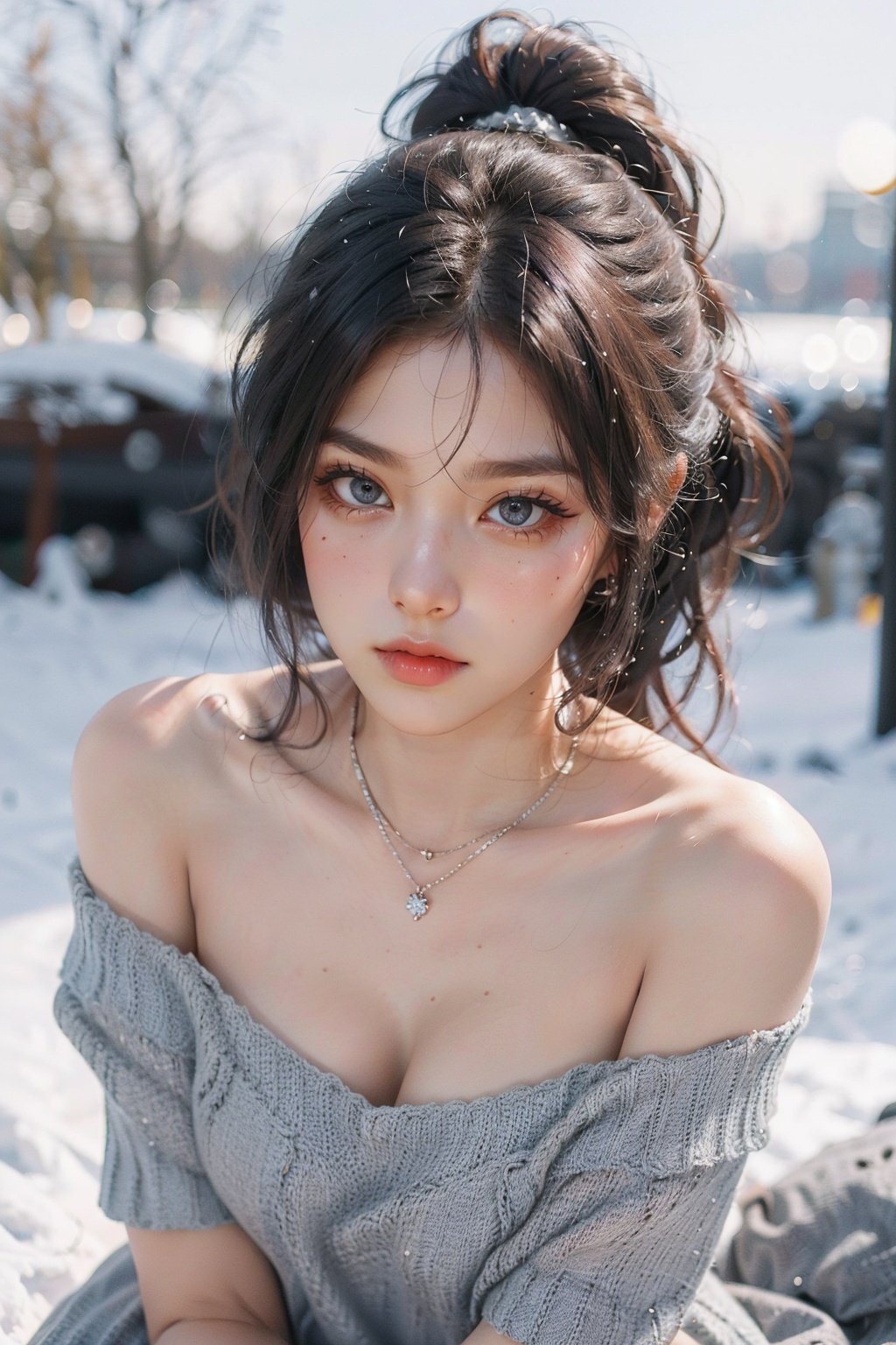 Realistic photos, masterpiece, highest quality, high resolution, fine details, HDR, 1 girl, high ponytail, silver-gray hair, delicate hairpin, delicate beautiful face, Tsundere expression,highly detailed glossy eyes, necklace,（Off-the-shoulder knit dress：1.2）,bracelet, bright snow-white skin, high detail skin, studio lighting, better light, bokeh, depth of field,Girl,Real, <lora:EMS-5643-EMS:0.5>, <lora:EMS-14413-EMS:0.5>, <lora:EMS-263-EMS:0.4>, <lora:EMS-7430-EMS:0.6>, <lora:EMS-1058-EMS:0.4>