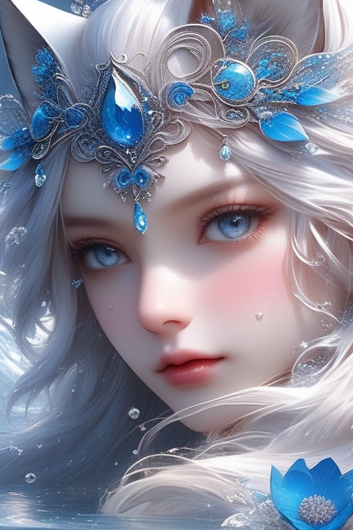 masterpiece, best quality, official art, extremely detailed cg 8k wallpaper, (flying petals) (detailed ice) , crystals texture skin, cold expression, ((fox ears)), white hair, long hair, messy hair, blue eye, looking at viewer, extremely delicate and beautiful, water, ((beauty detailed eye)), highly detailed, cinematic lighting, (beautiful face), fine water surface, (original figure painting), ultra- detailed, incredibly detailed, (an extremely delicate and beautiful), beautiful detailed eyes, (best quality), (masterpiece,best quality:1.5)