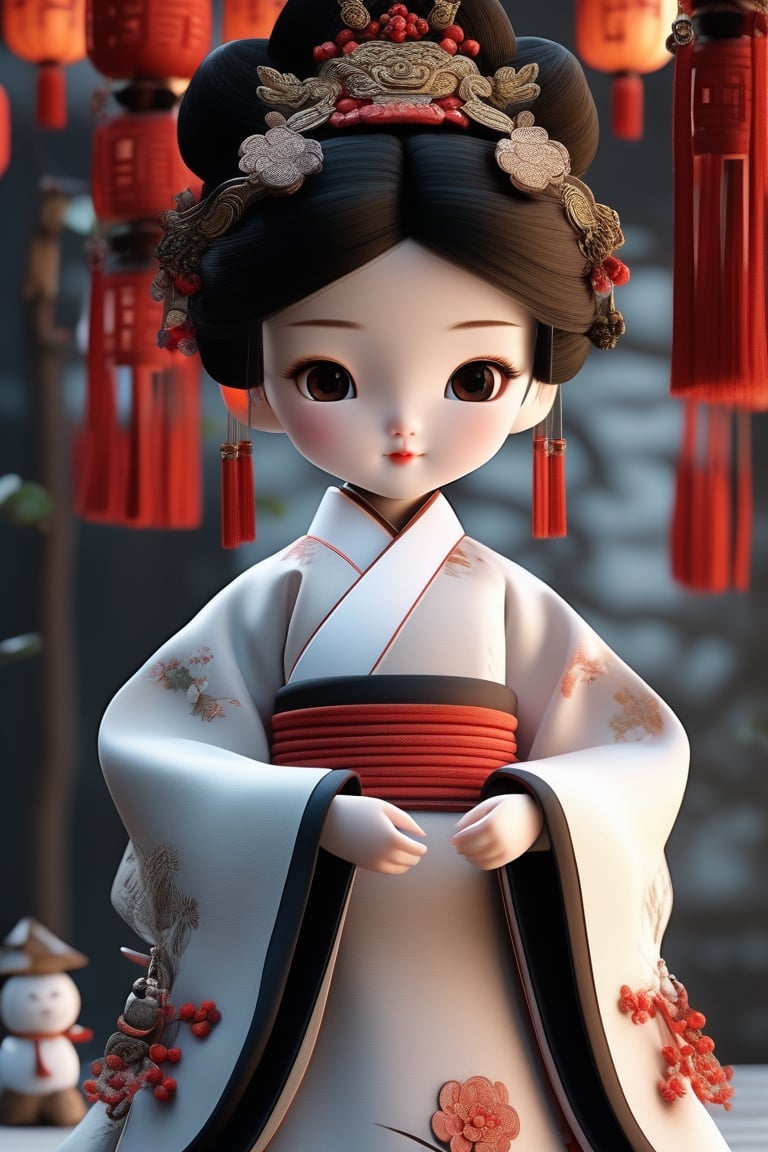 The doll is wearing a traditional chinese costume, in the style of unreal engine 5, cartoon mis - en - scene, 32k uhd, ivory, minimalistic japanese, hyper - realistic sculptures