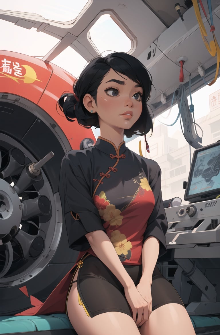 absurdres, highres, ultra detailed, masterpiece, cel shading,(obsolete machine:1.3),retro micro comuter1girl,kid,solo,black hair,asian,chinese clothes,black hair,indoors,airplane <lyco:GoodHands-beta2:1.0>