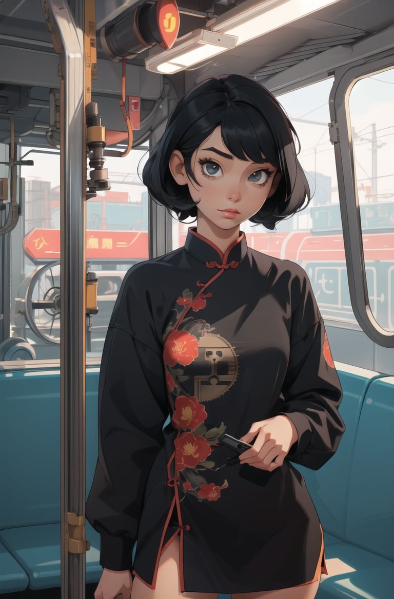 absurdres, highres, ultra detailed, masterpiece, cel shading,(obsolete machine:1.3),retro micro comuter1girl,kid,solo,black hair,asian,chinese clothes,black hair,indoors,train <lyco:GoodHands-beta2:1.0>