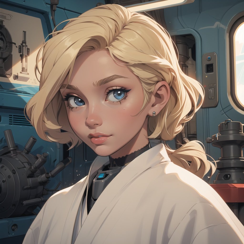 absurdres, highres, ultra detailed, masterpiece, cel shading,(obsolete machine:1.3),retro micro comuter,portrait, 1girl,kid,solo,arabian robe, blonde,wasteland,<lyco:GoodHands-beta2:1.0>,galaxy train