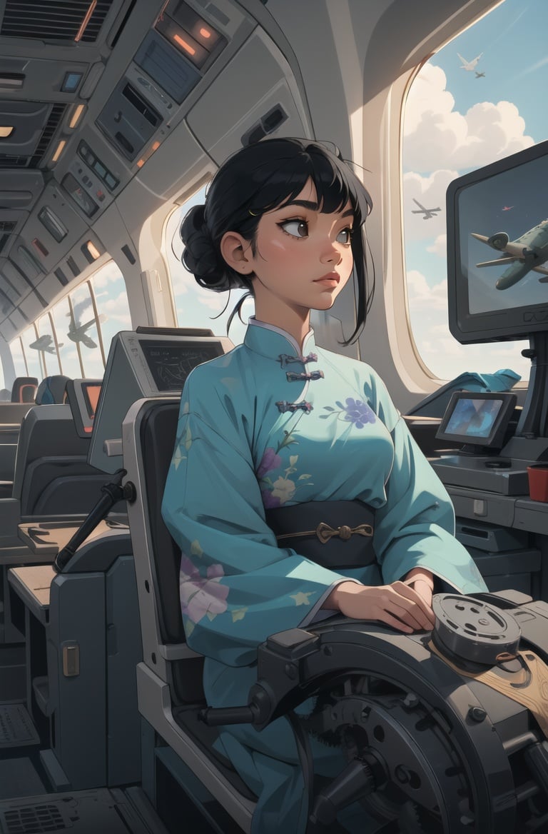 absurdres, highres, ultra detailed, masterpiece, cel shading,(obsolete machine:1.3),retro micro comuter1girl,kid,solo,black hair,asian,chinese clothes,black hair,indoors,airplane <lyco:GoodHands-beta2:1.0>