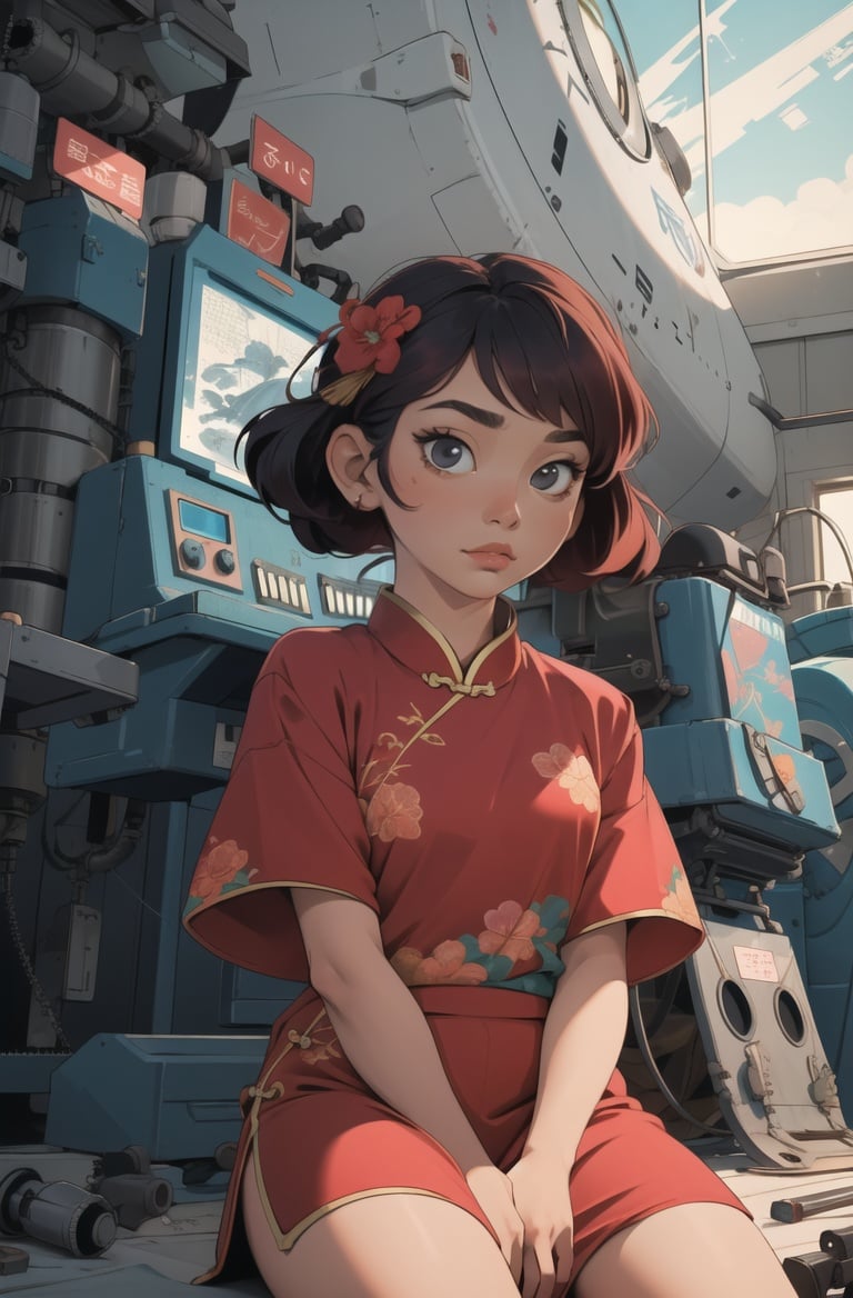 absurdres, highres, ultra detailed, masterpiece, cel shading,(obsolete machine:1.3),retro micro comuter1girl,kid,solo,black hair,asian,chinese clothes,red hair,indoors,airplane <lyco:GoodHands-beta2:1.0>