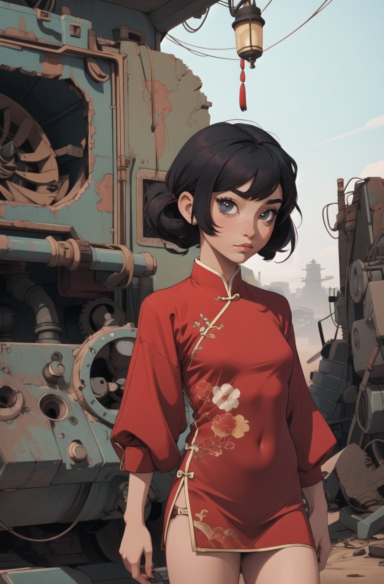 absurdres, highres, ultra detailed, masterpiece, cel shading,(obsolete machine:1.3),retro micro comuter1girl,kid,solo,black hair,asian,chinese clothes,red hair,wasteland,<lyco:GoodHands-beta2:1.0>