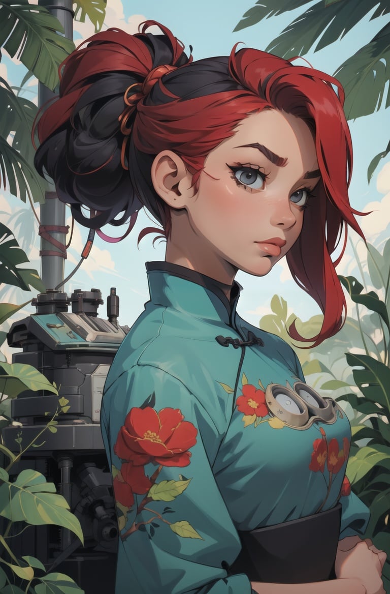 absurdres, highres, ultra detailed, masterpiece, cel shading,(obsolete machine:1.3),retro micro comuter1girl,kid,solo,black hair,asian,chinese clothes,red hair,jungle<lyco:GoodHands-beta2:1.0>