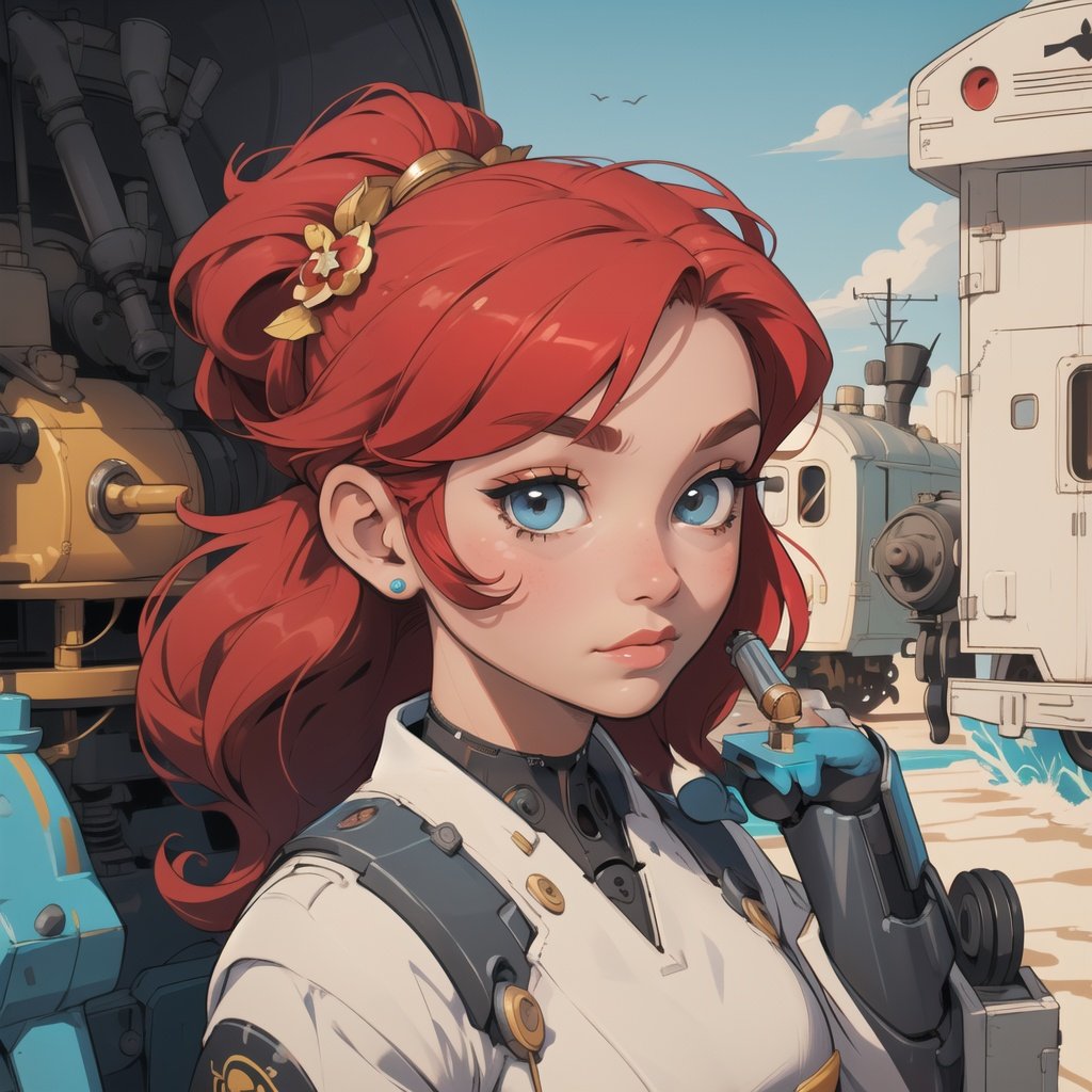 absurdres, highres, ultra detailed, masterpiece, cel shading,(obsolete machine:1.3),retro micro comuter,portrait, chibi,outdoors1girl,kid,solo,arabian uniform, red hair,long hair,waste land,<lyco:GoodHands-beta2:1.0>,galaxy train,hair ornament, 