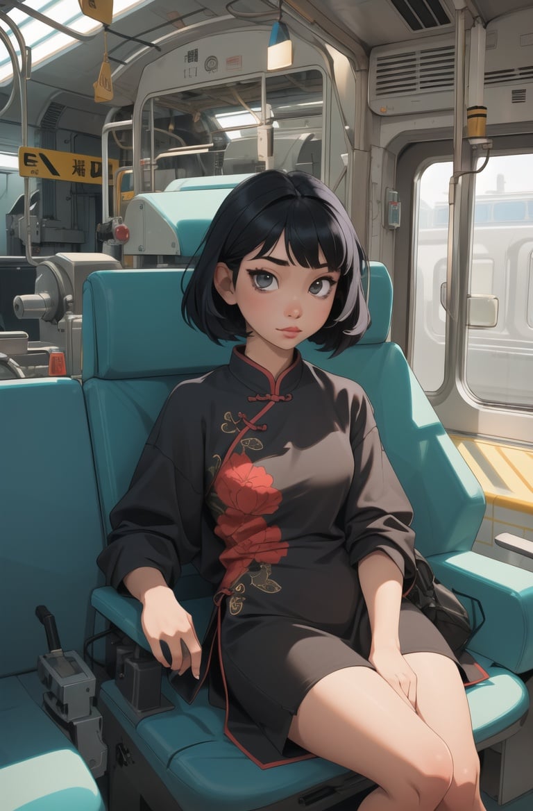 absurdres, highres, ultra detailed, masterpiece, cel shading,(obsolete machine:1.3)1girl,kid,solo,black hair,asian,chinese clothes,black hair,indoors,train <lyco:GoodHands-beta2:1.0>