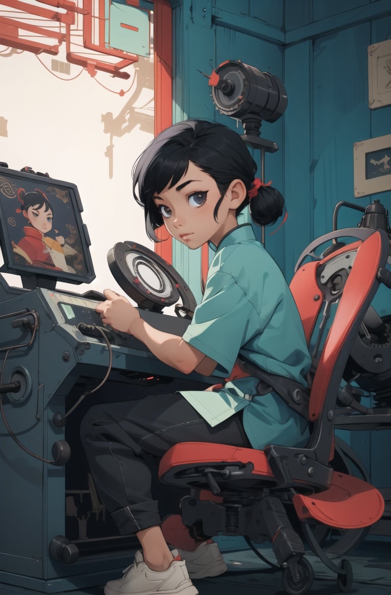 absurdres, highres, ultra detailed, masterpiece, cel shading,(obsolete machine:1.3)1girl,kid,solo,black hair,asian,chinese clothes,black hair,indoors, <lyco:GoodHands-beta2:1.0>