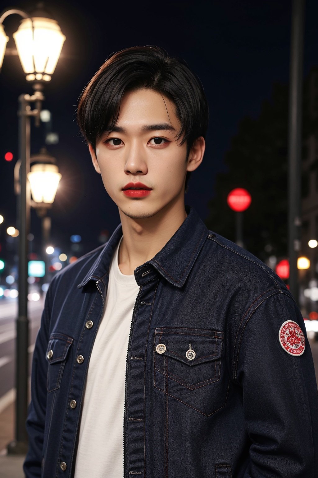 black hair, solo, looking at viewer, shirt, short hair, black shirt, 1boy, jacket, outdoors, male focus, blue jacket, night, upper body, black eyes, collared shirt, lamppost, realistic, red lips, blurry, buttons, building, city, blurry background