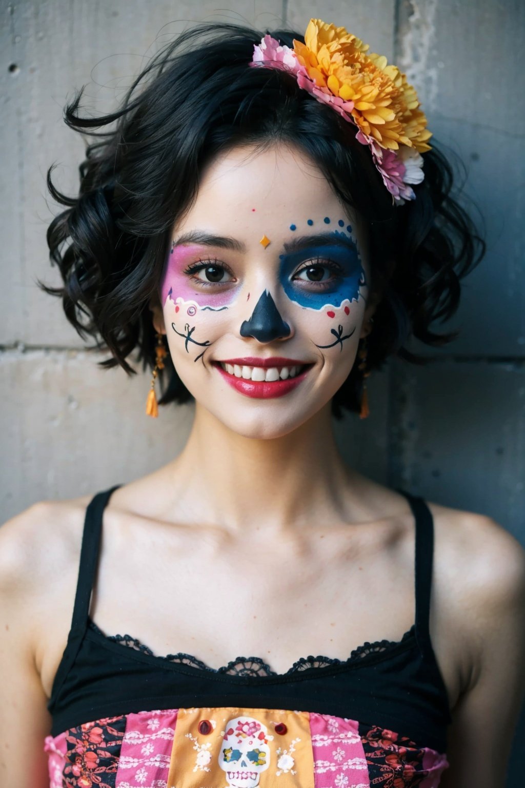 leogirl, 1girl, a dynamic, upper body portrait of a cute young woman with curly short hair, her joyous expression directed towards the viewer. Set against a dark theme, she's adorned with vibrant, Dia de los Muertos-inspired horror makeup, adding a pop of color to the scene. This action-packed pose exudes a lively energy, illuminating her captivating sexy.