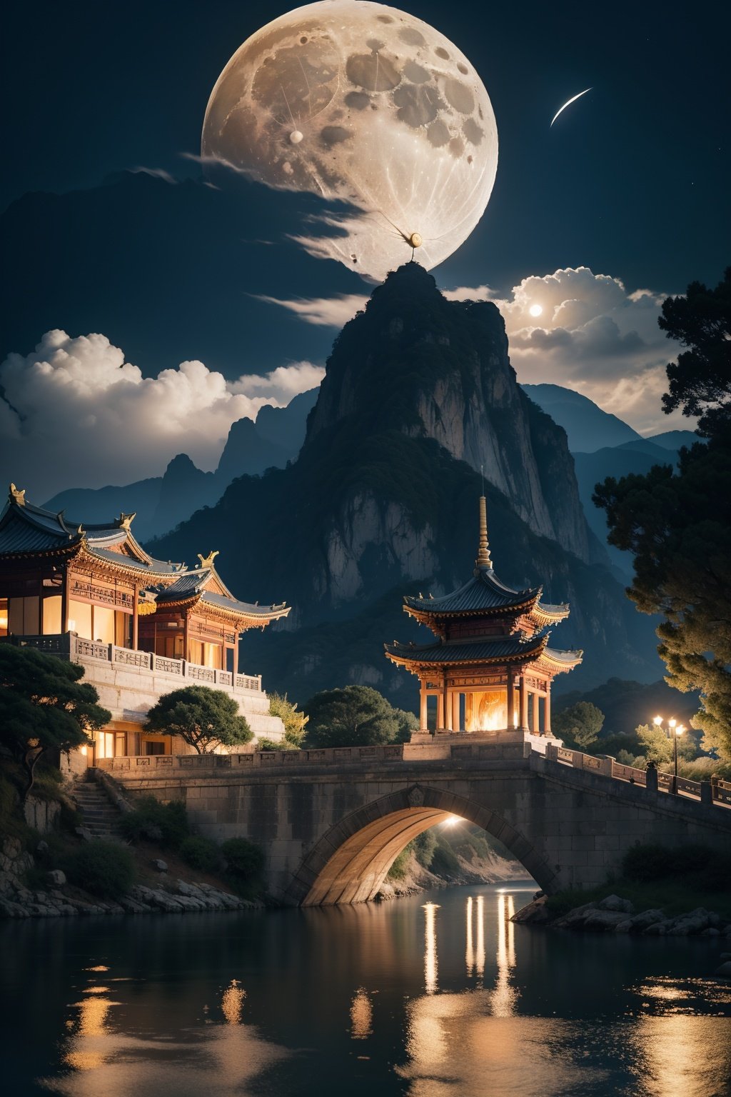 BJ_Ancient_city,outdoors,sky,cloud,water,tree,no_humans,night,moon,fire,building,night_sky,scenery,full_moon,stairs,mountain,architecture,bridge,east_asian_architecture,cinematic lighting,strong contrast,high level of detail,Best quality,masterpiece,,