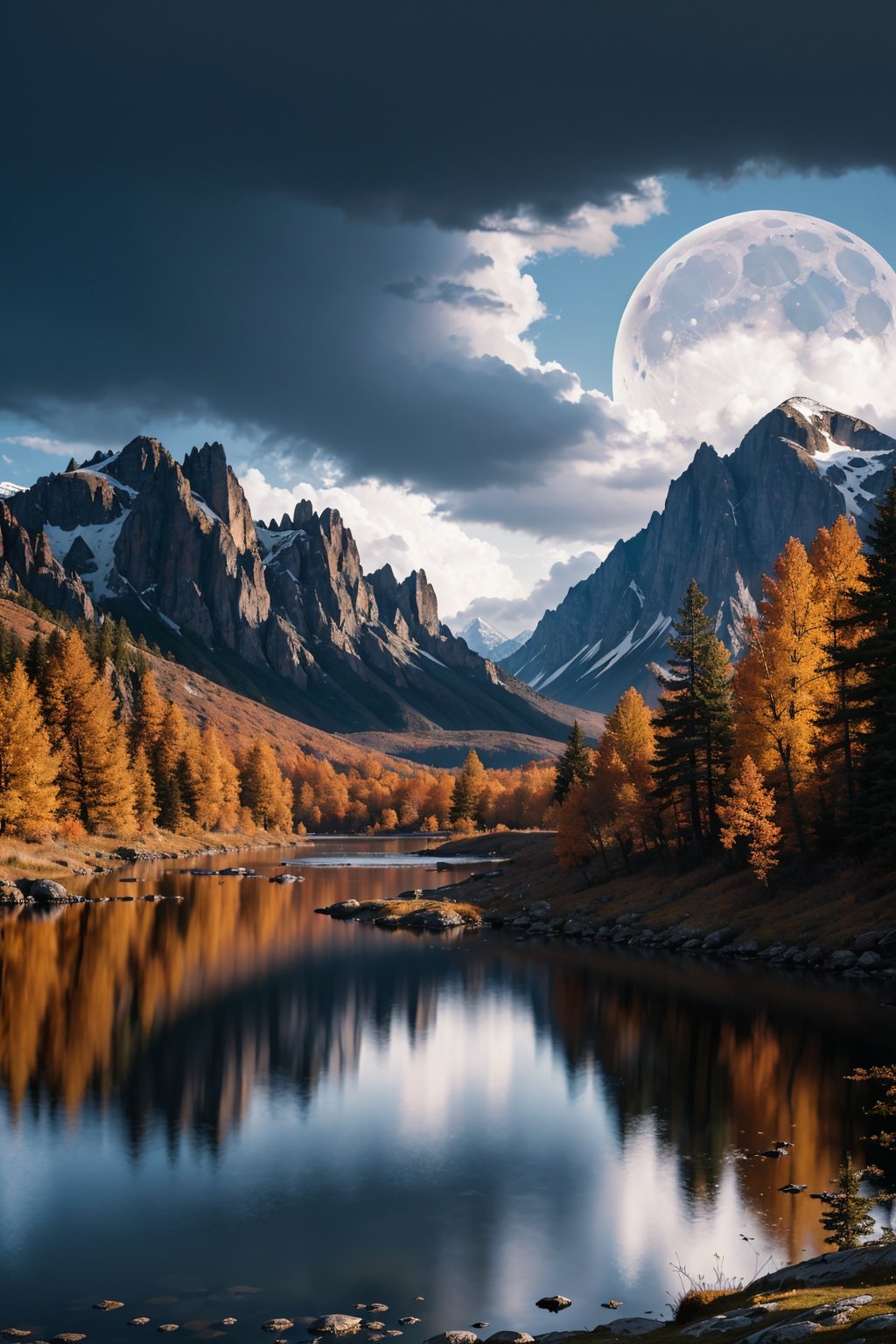 photo RAW,(autumn,mountains and a storm lake with a moon in the sky, old wooden slab home, 4k highly detailed digital art, 4 k hd wallpaper very detailed, impressive fantasy landscape, sci-fi fantasy desktop wallpaper, 4k wallpaper, 4k detailed hdr photography, sci-fi fantasy wallpaper, epic dreamlike fantasy landscape, 4k hd matte, 8k,Realistic, reali**, hd, 35mm photograph, 8k), masterpiece, award winning photography, natural light, perfect composition, high detail, hyper realistic, (composition centering, conceptual photography), realistic, detailed, balanced, by Trey Ratcliff, Klaus Herrmann, Serge Ramelli, Jimmy McIntyre, Elia Locardi