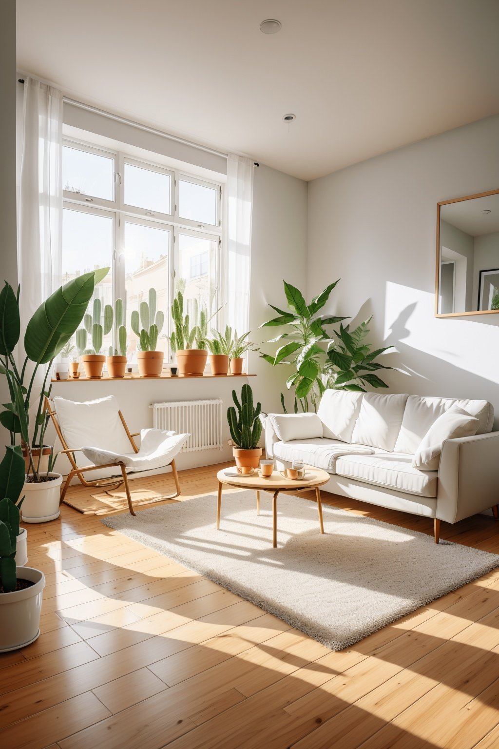 plant, potted plant, palm tree, indoors, tree, window, leaf, cactus, chair, couch, day, flower pot, wooden floor, sunlight