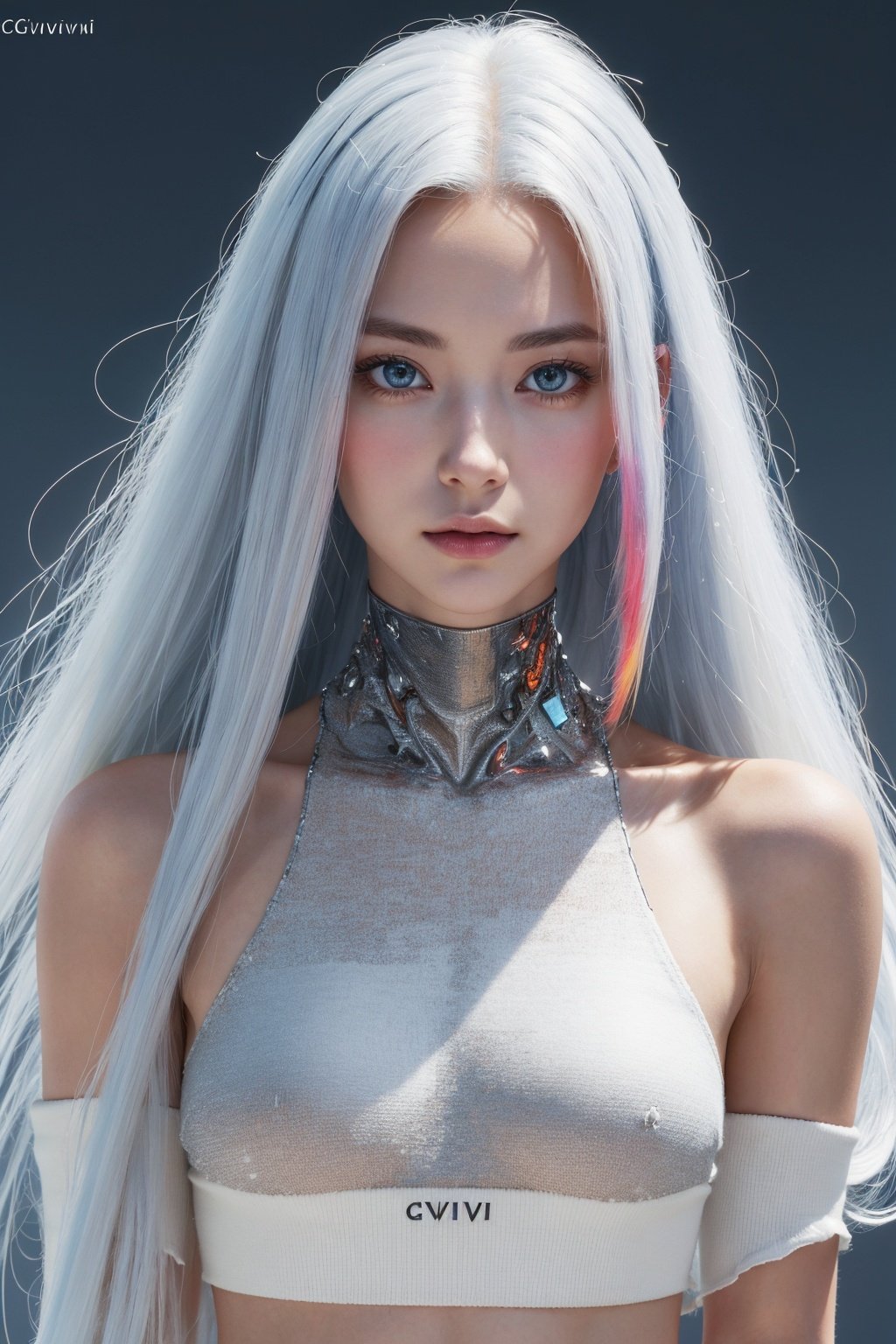 (masterpiece:1.1), (highest quality:1.1), (HDR:1.0), extreme quality, cg, (anime wallpaper), stylized, detailed face+eyes, (colorful), (powerful colors:1.4), photo of a girl, (tan skin), fashionable, light dust, varied depth of field, medium hair, long hair, white hair, masterpiece, 8k, tone mapping, hyper focus, red, glowing eyes, (upper body:0.8), natural body, limited palette, (detailed hair:1.13), (cyber aesthetic:1.3), (epic anime drawing:0.7), (white outlines), (creative background), (creative), hard lighting, solo, clarity, (by Giovanni Battista Caccioli:1.6), (accomplished:0.8)