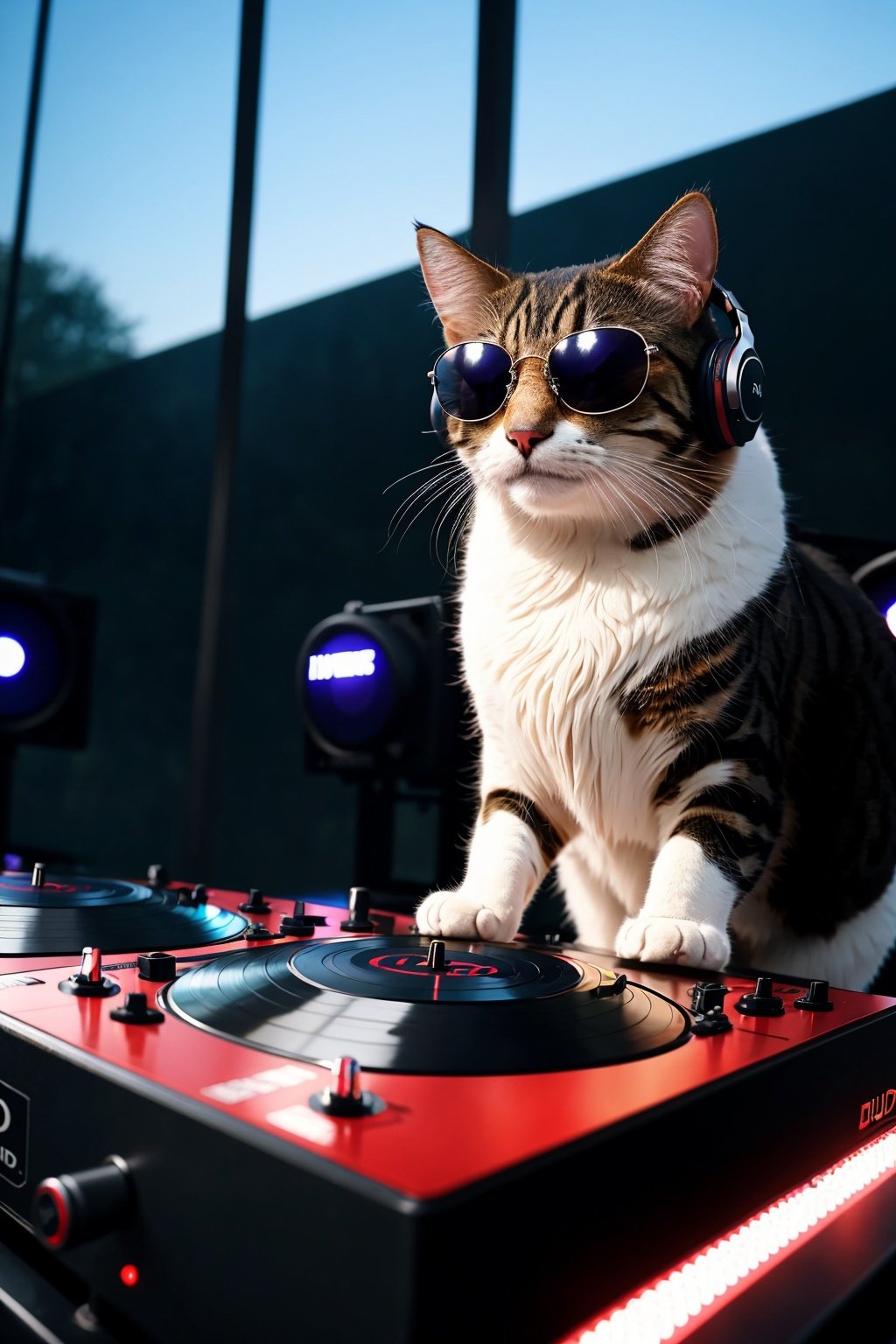 8k uhd rtx on cinematic artistic photoreal masterpiece best quality high resolution, A Cat DJ, wearing sunglasses and headphones, working the turntables as a DJ,