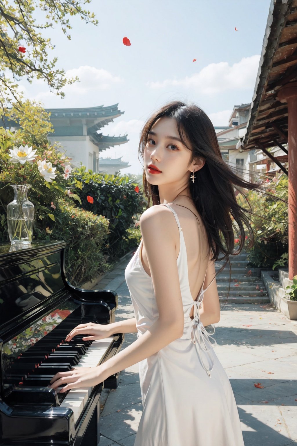 Beautiful woman, playing the piano, white piano, wearing a pink and white tight fitting suspender dress, backless, clothes soaked, translucent, exquisite earrings, silver necklace, long hair, looking at the audience, lotus lamp, lotus, solo, vase, white flowers, warm tones, best quality, masterpiece, (photosensitivity: 1.4), Lolita, girl, floating, strong wind, flying petals, floating hair,houtufeng,Japanese scene ,Game icon body