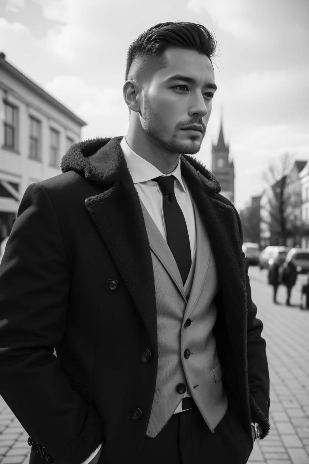 handsome male,big muscle,suit,feather coat,monochrome photography,dutch angle,outdoor