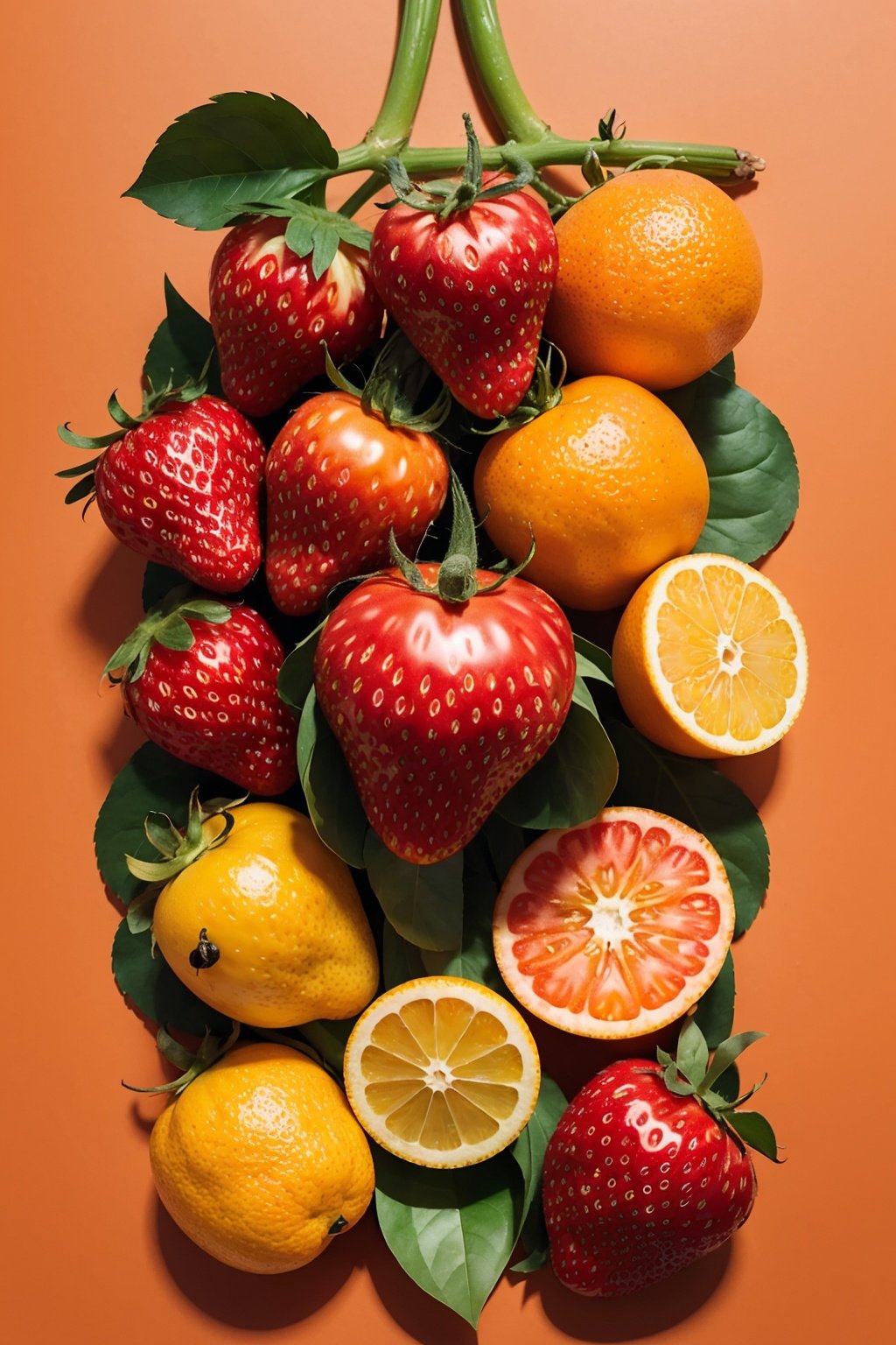 artist_name, food, fruit, no_humans, orange_\(fruit\), red_background, simple_background, strawberry, tomato, pink_background, spoon, food_focus, still_life, orange_slice, knolling+laydown