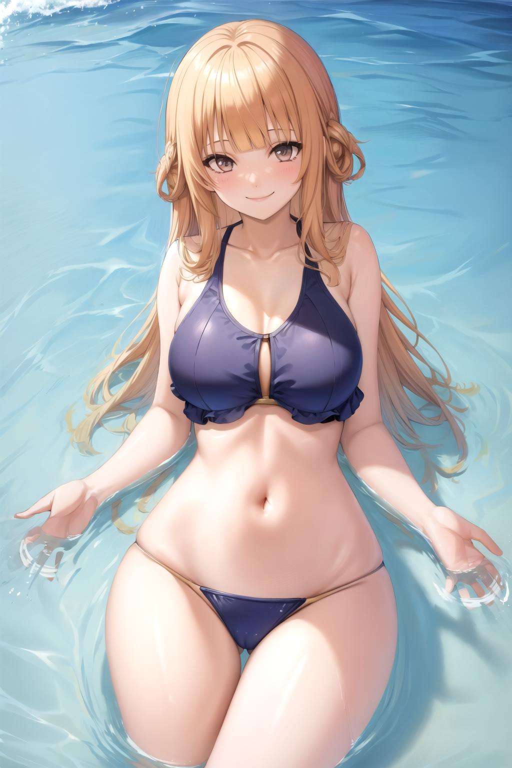 smile, one piece swimsuit, blunt bangs, pool, partially submerged, flat chest, (wide hips:1.2), <lora:orzcan-09:0.6>, <lora:AtomicHips2:0.6>