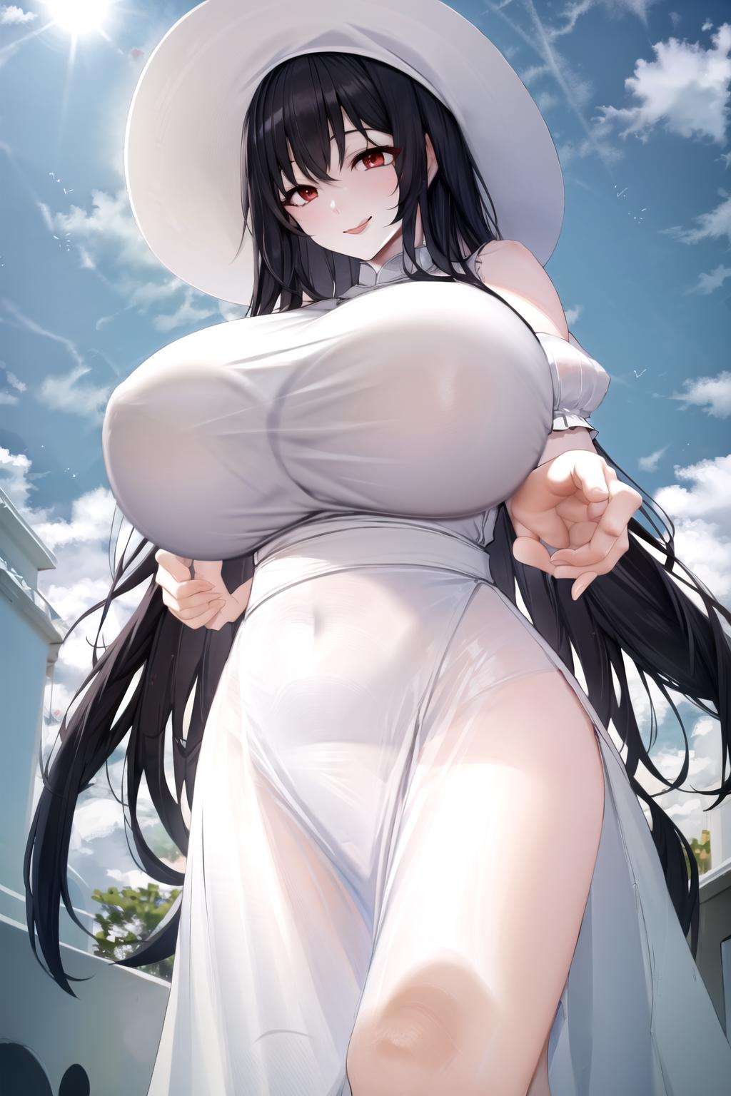 smile, white dress, cityscape, gigantic breasts, pale skin, from below, tongue out, looking at viewer, sun hat, red eyes, black hair, <lora:orzcan-09:0.6>, <lora:Hasshakusama-10:0.6>