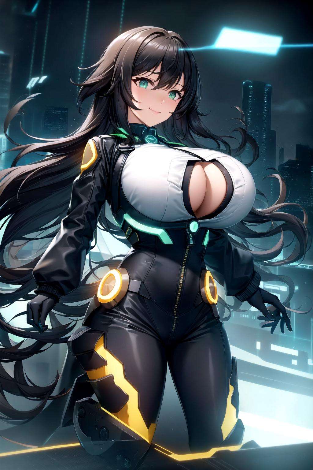 smile, gigantic breasts, cityscape, bodysuit, science fiction, neon trim, <lora:orzcan-09:0.6>, Style-TronLegacy-12v-v2