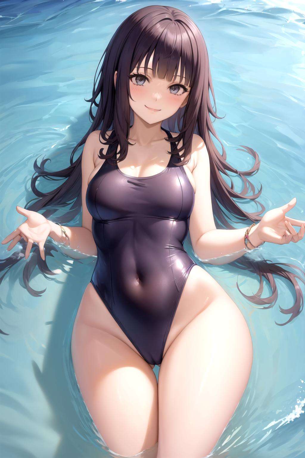 smile, one piece swimsuit, blunt bangs, pool, partially submerged, flat chest, (wide hips:1.2), <lora:orzcan-09:0.6>, <lora:AtomicHips2:0.6>