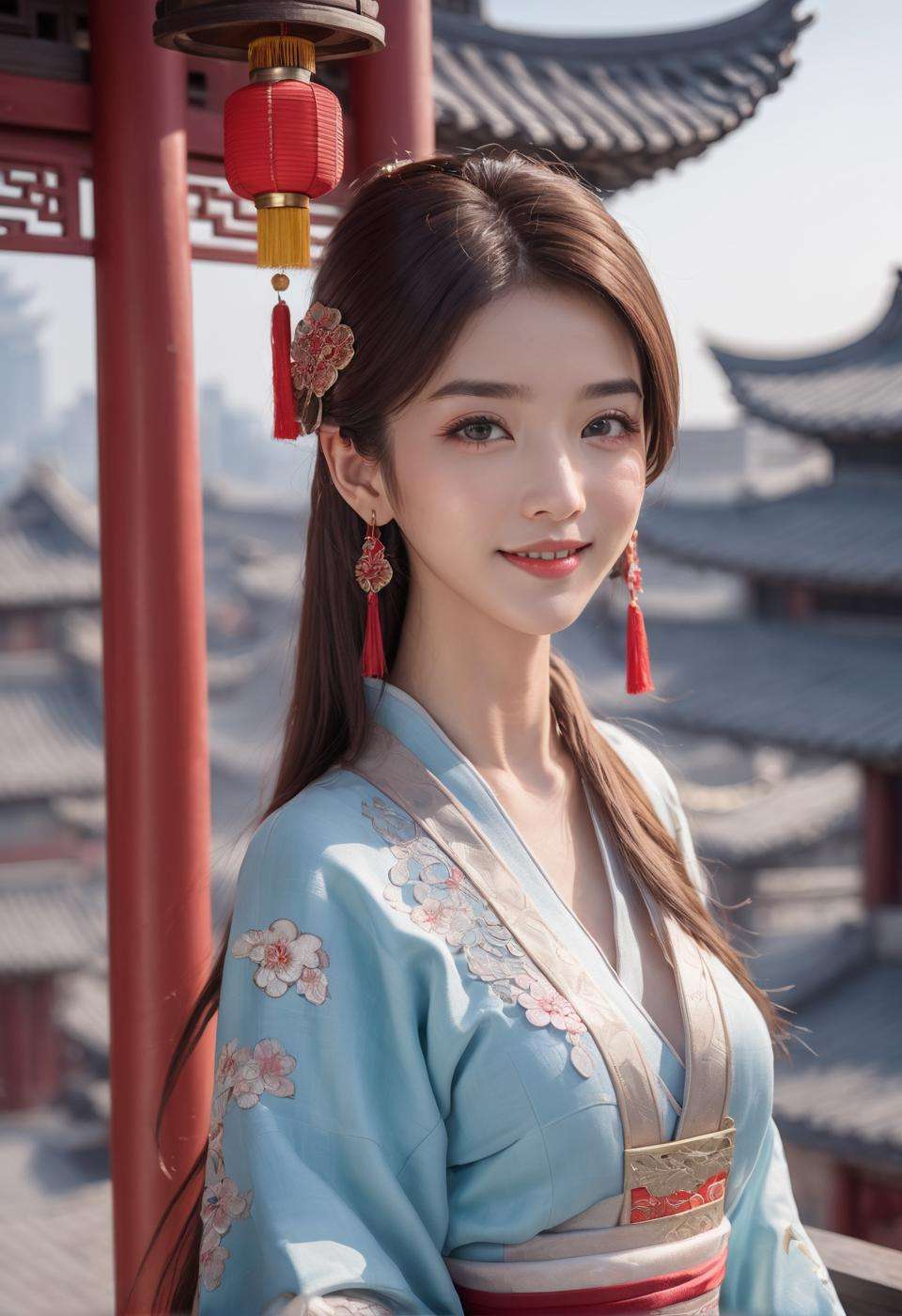 best quality, masterpiece, highres, 1girl,china dress,Beautiful face,hair ornament, solo,looking at viewer,smile,closed mouth,lips,china dress,dress,hair ornament, necklace, jewelry, long hair, earrings, chinese clothes,architecture,east asian architecture,building,outdoors,rooftop,city,cityscape