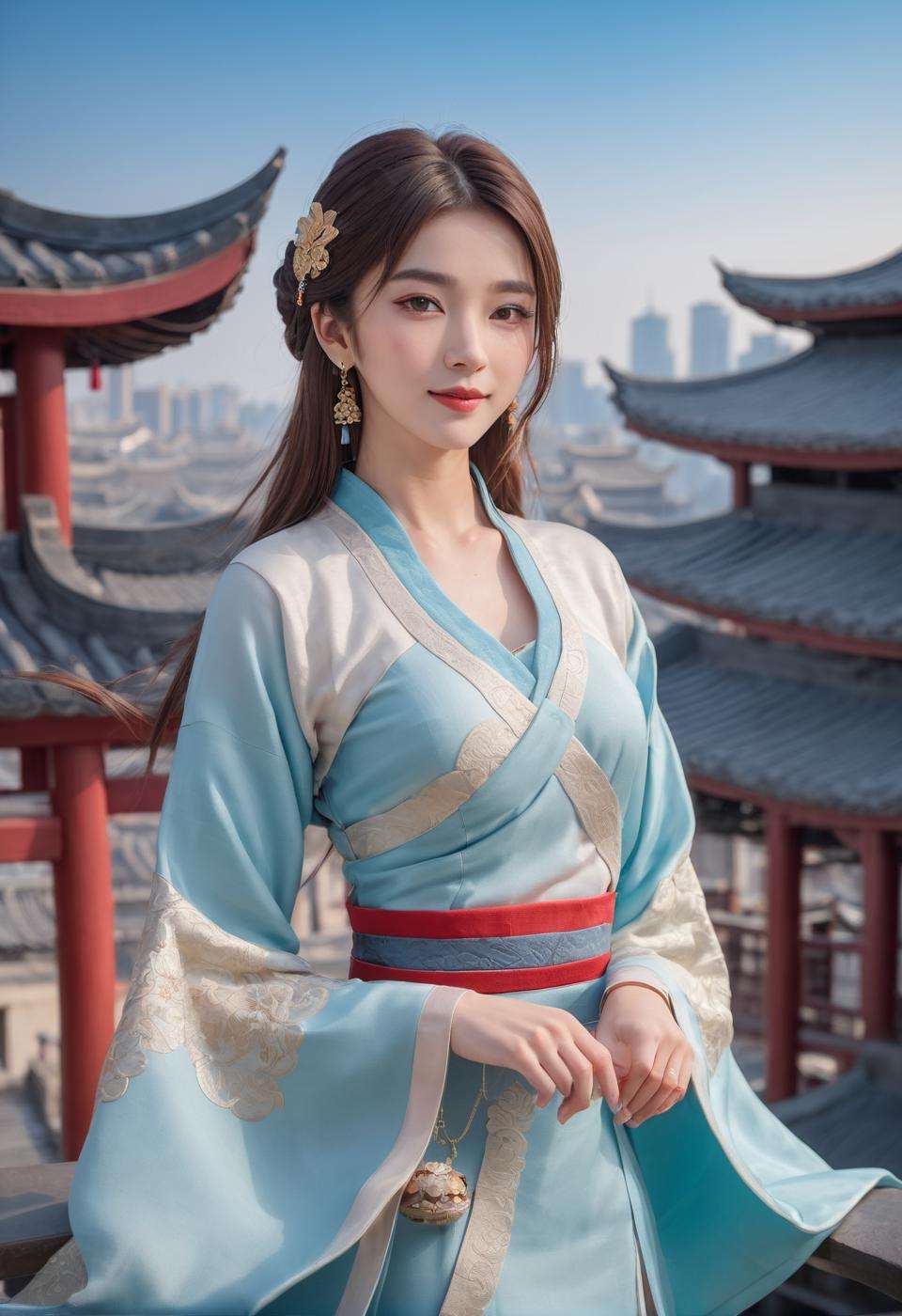 best quality, masterpiece, highres, 1girl,china dress,Beautiful face,hair ornament, solo,looking at viewer,smile,closed mouth,lips,china dress,dress,hair ornament, necklace, jewelry, long hair, earrings, chinese clothes,architecture,east asian architecture,building,outdoors,rooftop,city,cityscape