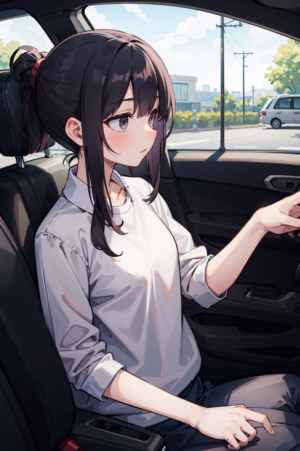 (masterpiece), best quality, high resolution, highly detailed, detailed background, perfect lighting, 1girl, indoors, low ponytail, in car,