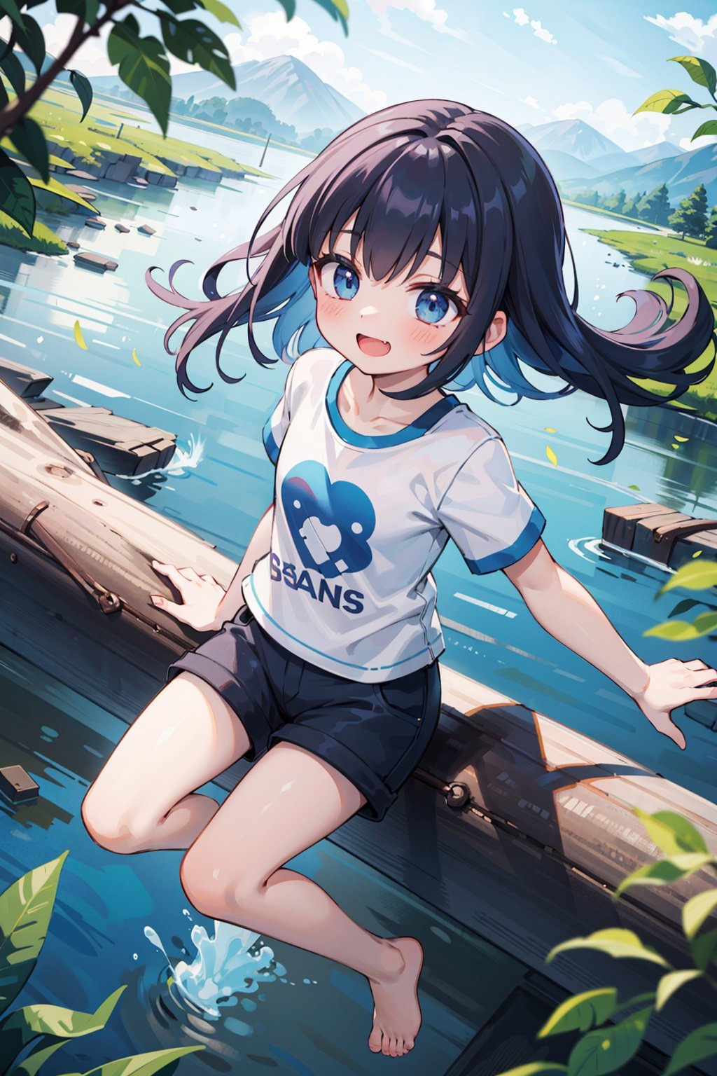 (masterpiece), best quality, high resolution, highly detailed, detailed background, perfect lighting, 1girl, colorful, vivid contrast, 1girl, spring water, log over mountain stream, excitement and joy, short pants, t-shirt, sunlight, lots of flowers, floating leaf, from above, barefoot,