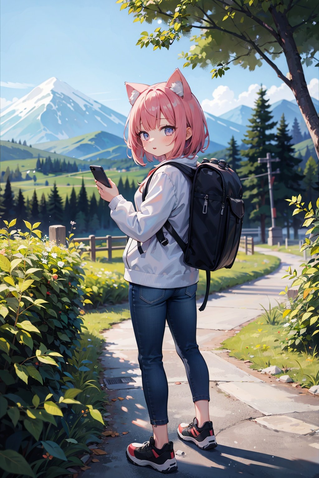 (masterpiece), best quality, high resolution, highly detailed, detailed background, perfect lighting, 1girl, cat ears, backpack, hiking, outdoors, nature, full body, mid shot