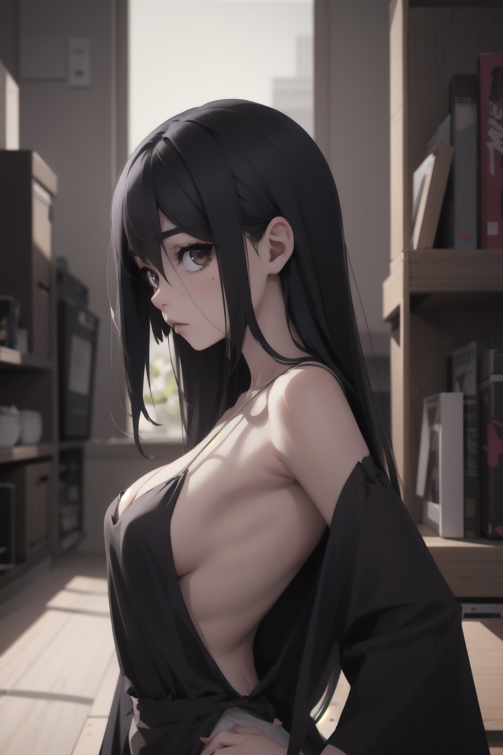 Highres, best quality, extremely detailed, area lighting in background, HD, 8k, 1girl, loli, cute, goth, pervert, sfw, sideboob, Sadako