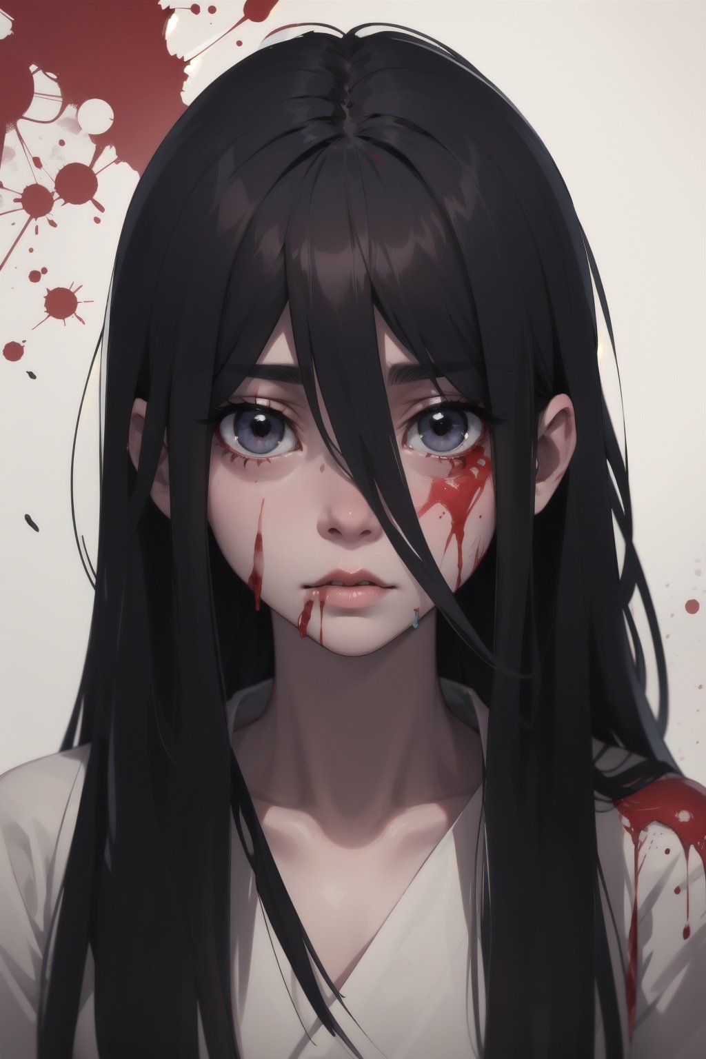 Highres, best quality, extremely detailed, war in the background, HD, 8k, 1girl, cute, Sadako, goth, blood splattering, bloody, bloody face, samurai, war background, Sadako