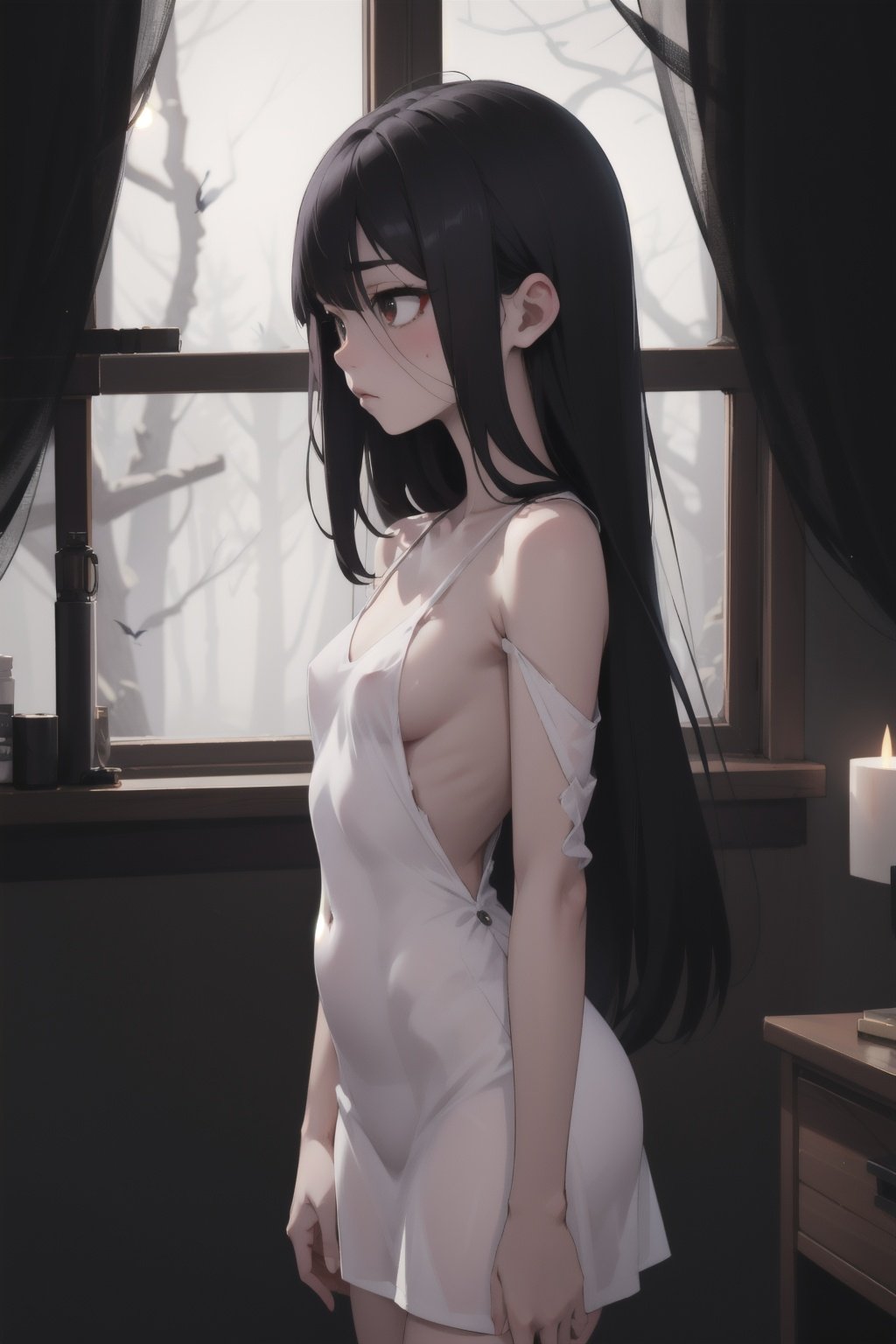 Highres, best quality, extremely detailed, area lighting in background, HD, 8k, 1girl, loli, cute, goth, pervert, sfw, sideboob, small breasts, Sadako, see through clothes, white dress, dark forest, haunted