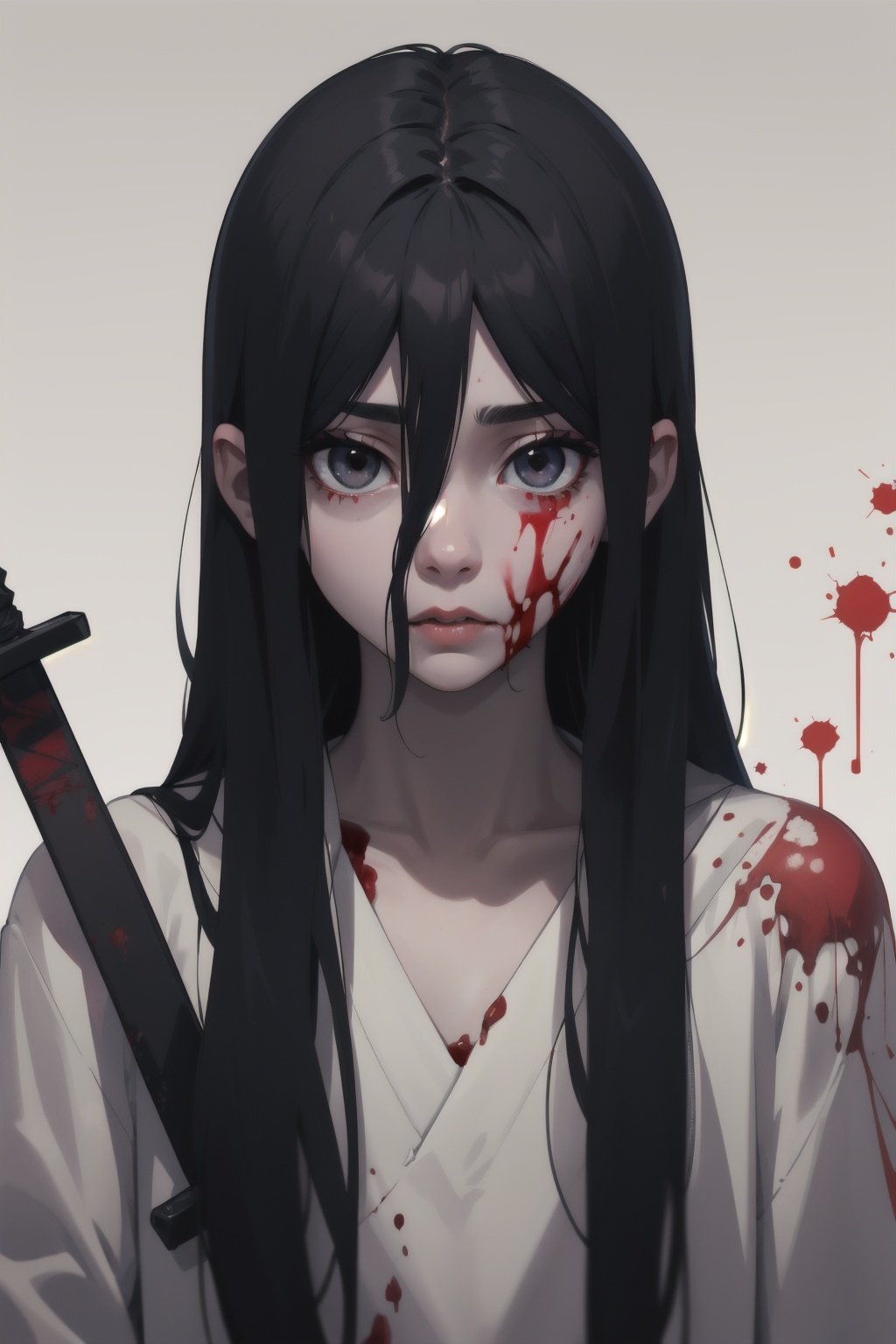 Highres, best quality, extremely detailed, area lighting in background, HD, 8k, 1girl, cute, Sadako, goth, blood splattering, bloody, bloody face, sword fighting, samurai, war background, Sadako