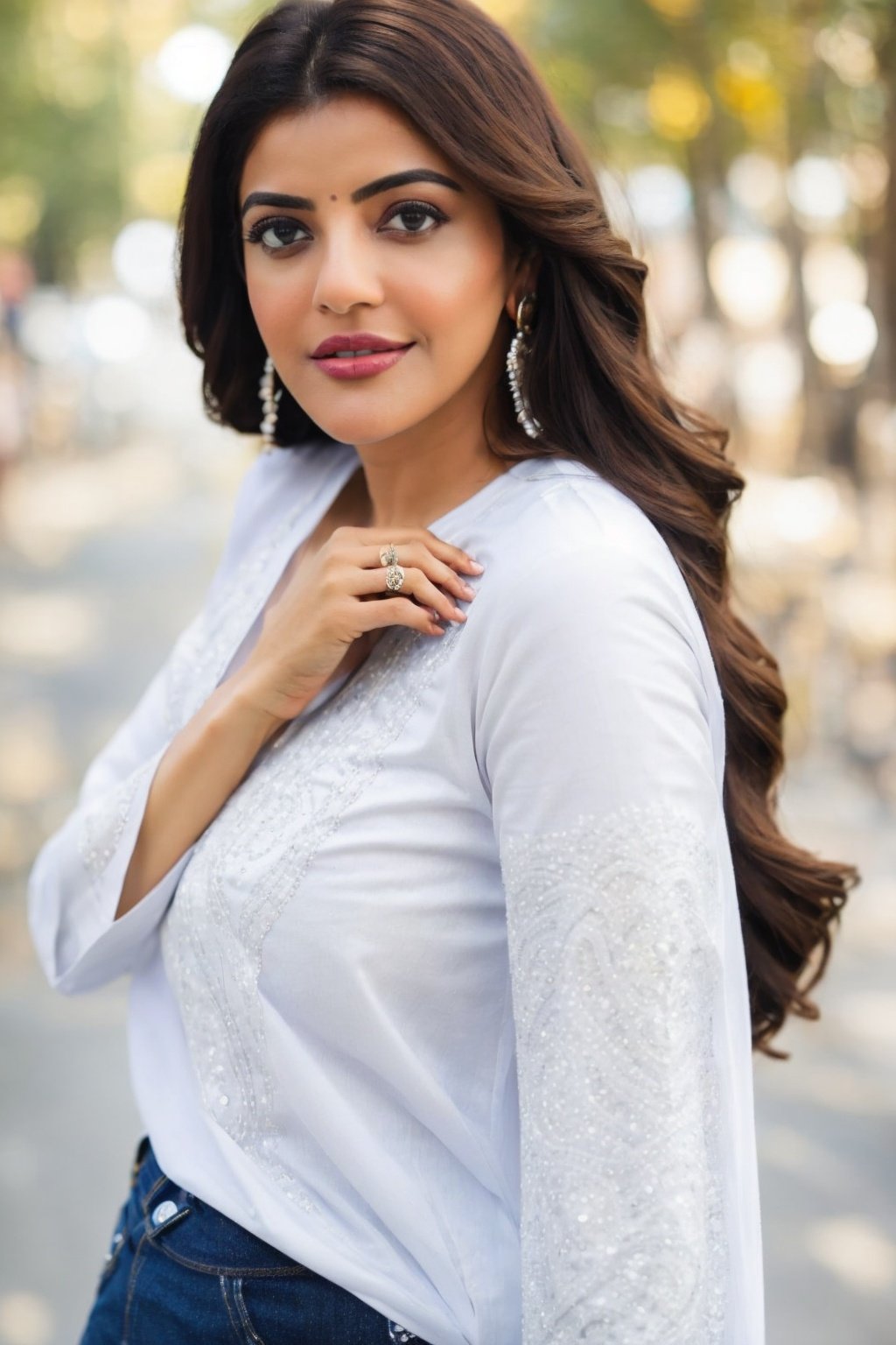 candid portrait photo of KAJA woman in a (white t shirt and jeans) on a street, bokeh, Sony camera, high definition, detailed, intricate