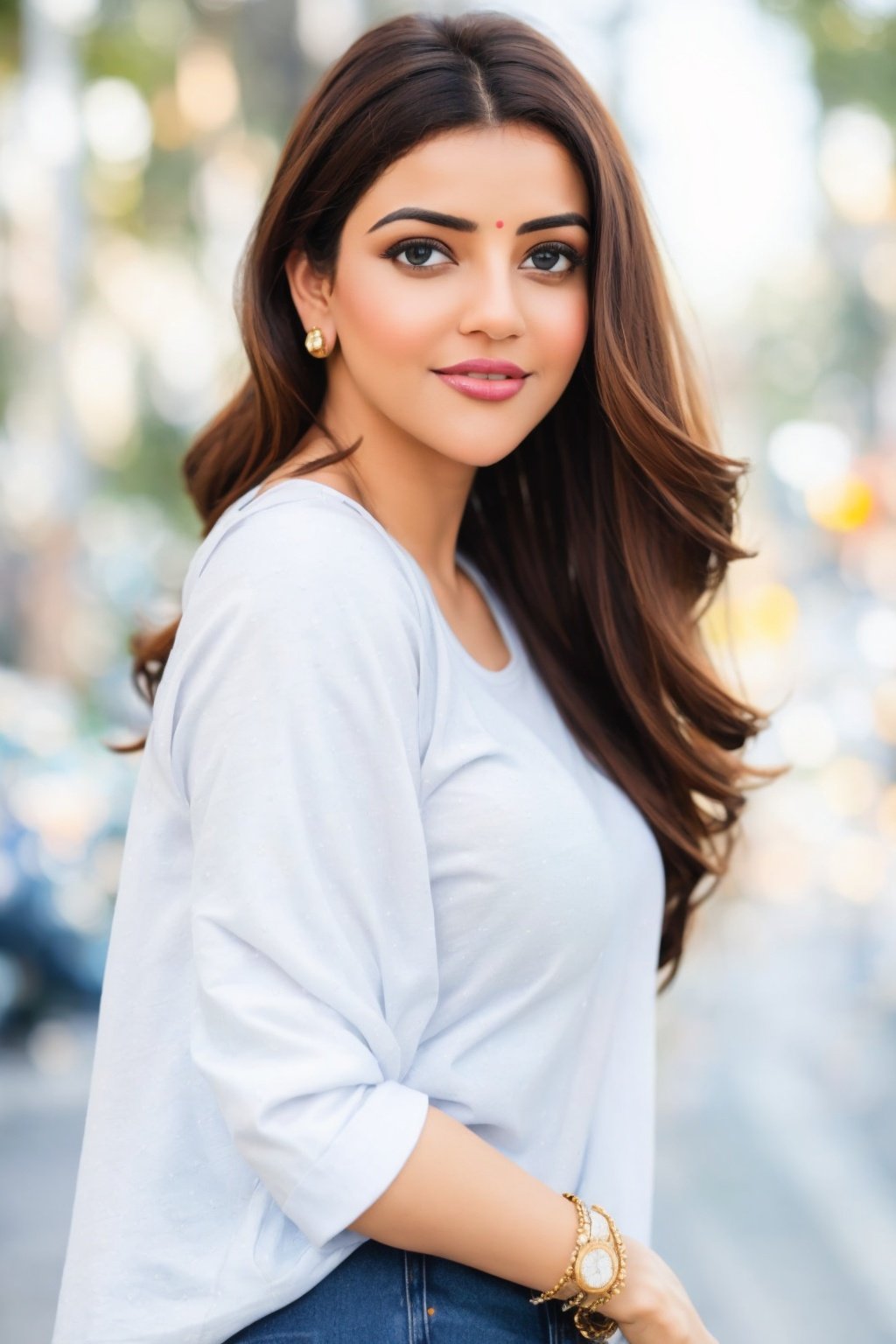 candid portrait photo of KAJA woman in a (white t shirt and jeans) on a street, bokeh, Sony camera, high definition, detailed, intricate