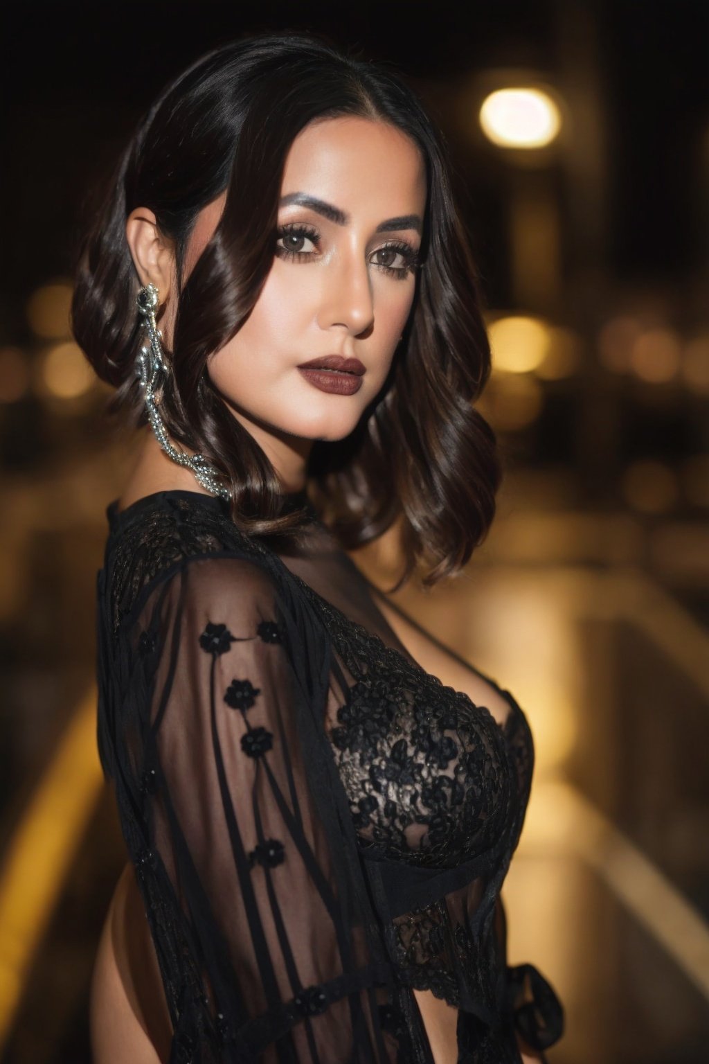 candid portrait photo of HINAK woman in a (sexy black lace dress) on a street, bokeh, Sony camera, high definition, detailed, intricate