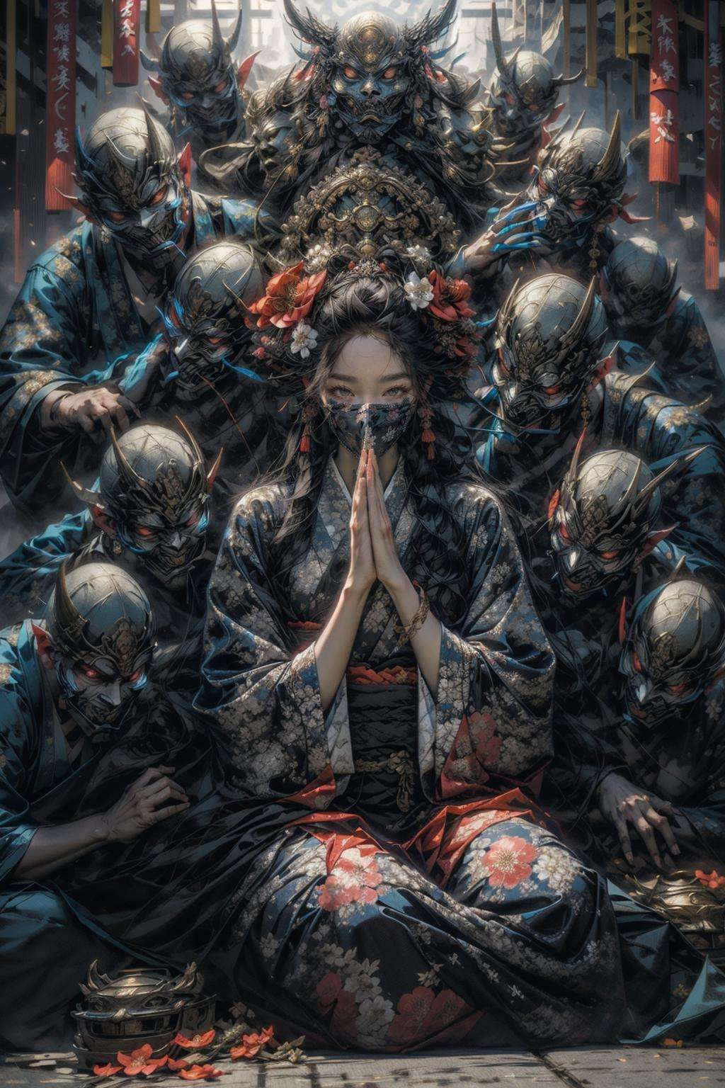 (masterpiece:1.2), best quality,PIXIV,black hair, hair ornament, japanese clothes, hair flower, flower, kimono, mask, 1girl, sitting, long hair, own hands together, looking at viewer, 6+boys, praying, multiple boys, floral print, wide sleeves <lora:thousand faces_20230729115837-000018:1> <lora:zhongfenghuaxiyou:0.5> <lora:add_detail:1>