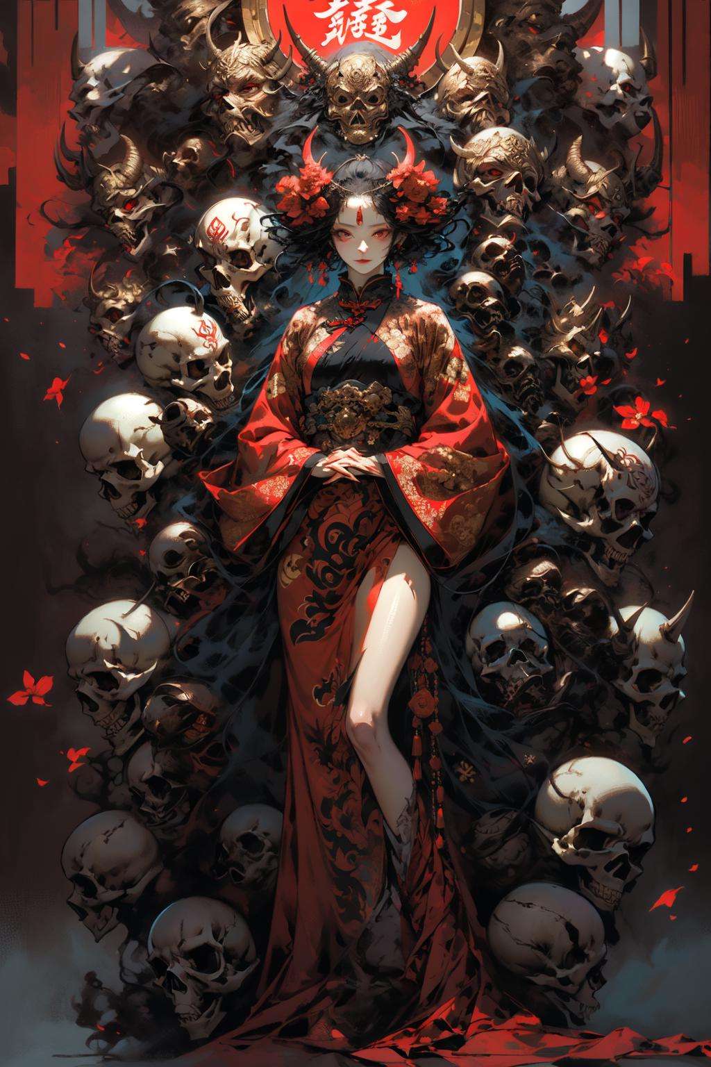 (masterpiece:1.2), best quality,pixiv,1girl, flower, black hair, red eyes, hair ornament, hair flower, mask, looking at viewer, red flower, long sleeves, standing, red dress, holding, tattoo, wide sleeves, dress, own hands together, horns, skull, artist name, short hair, chinese clothes, robe <lora:thousand faces_20230729115837-000018:1> <lora:zhongfenghuaxiyou:0.5> 