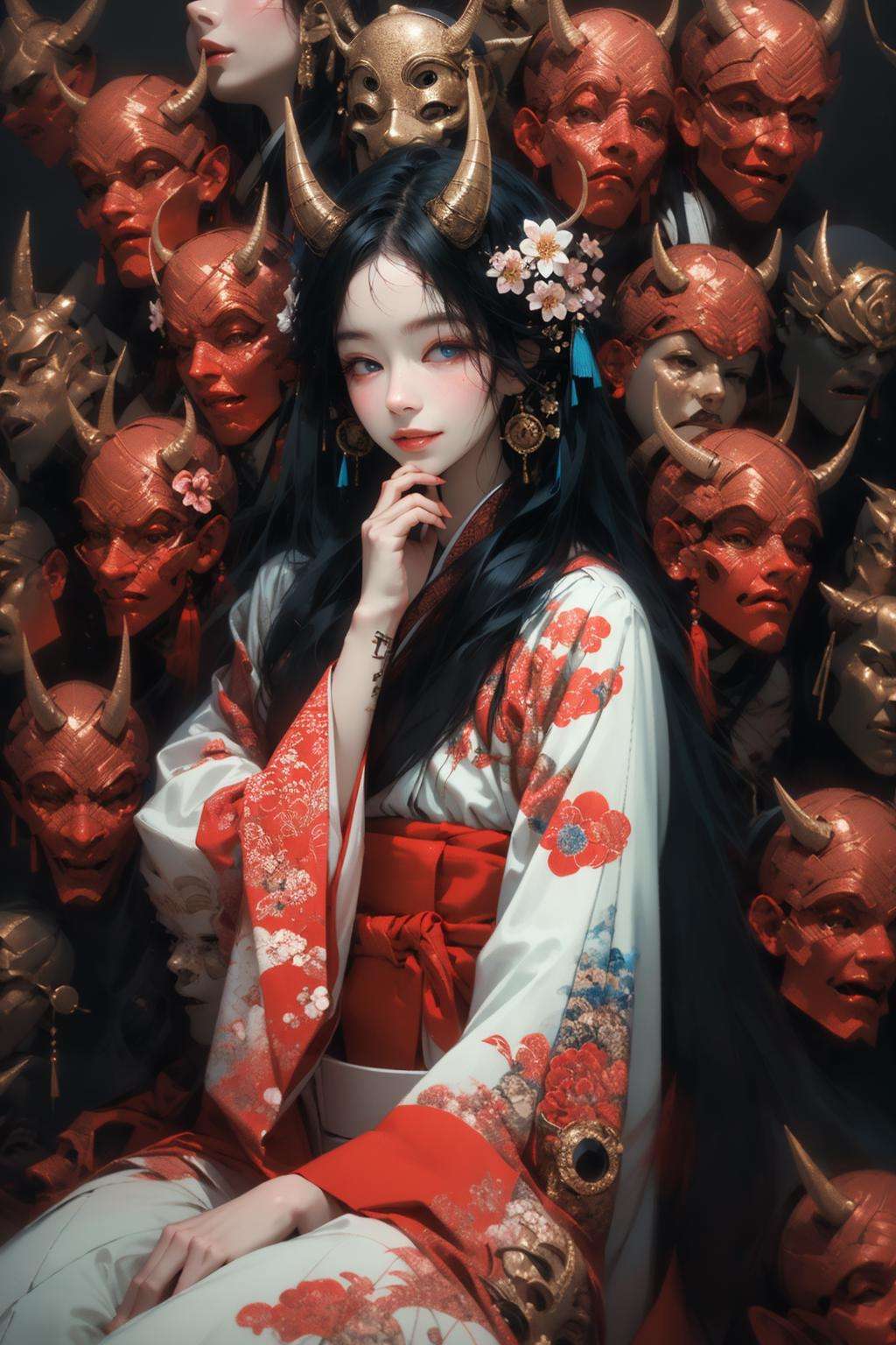 (masterpiece:1.2), best quality,PIXIV,black hair, japanese clothes, floral print, 1girl, hair ornament, horns, sitting, looking at viewer, flower, kimono, blue eyes, hair flower, earrings, long hair, haori, jewelry, own hands together, tassel, wide sleeves, red eyes, closed mouth, long sleeves, print kimono, black kimono, hakama, bangs, smile <lora:thousand faces_20230729115837-000018:1>