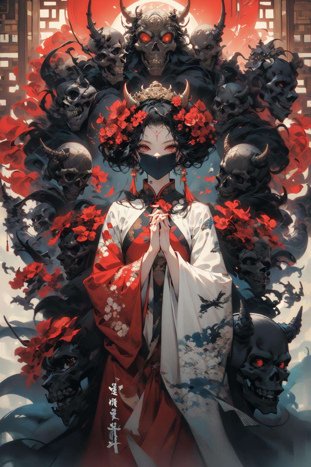 (masterpiece:1.2), best quality,PIXIV,1girl, flower, black hair, red eyes, hair ornament, hair flower, mask, looking at viewer, red flower, long sleeves, standing, red dress, holding, tattoo, wide sleeves, dress, own hands together, horns, skull, artist name, short hair, chinese clothes, robe<lora:thousand faces_20230729115837:1>