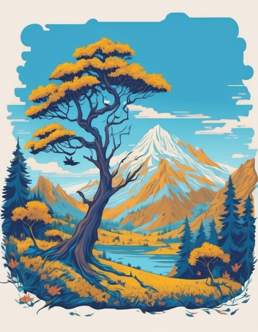 Leonardo Style, illustration, tree, bird, no humans, scenery, outdoors, mountain, nature, vector art<lora:leonardo_illustration:1>