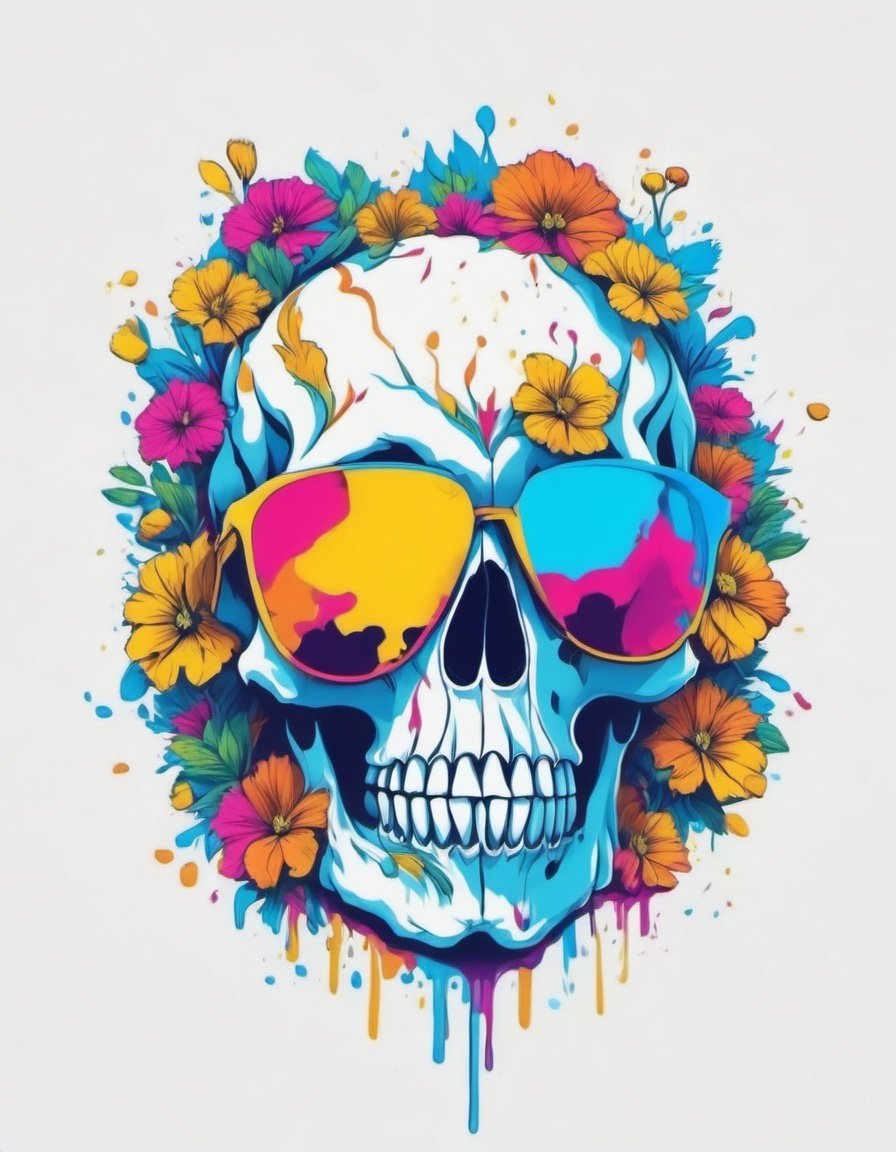 Leonardo Style,skull, illustration, flower, no humans, white  background, simple background, sunglasses, colorful , color splash , pop color, ultra hd, 8k<lora:leonardo_illustration:1>